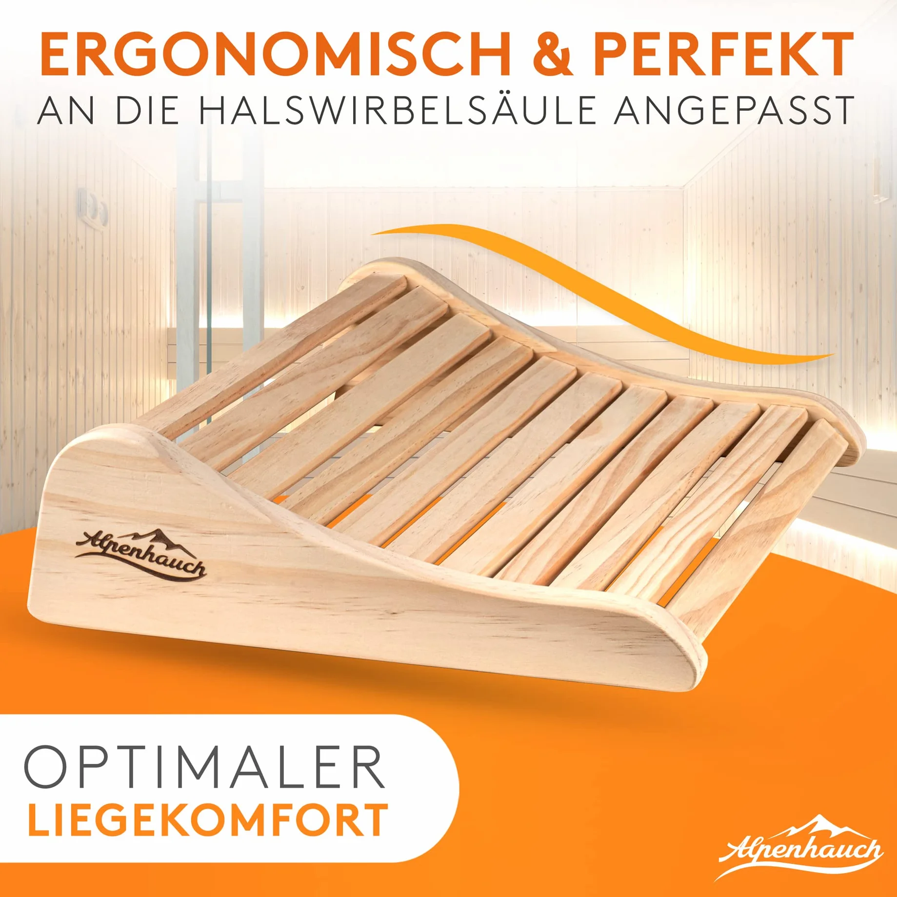 ALPENHAUCH Reposacabezas de madera para sauna [100% madera natural] – Reposacabezas ergonómico para sauna de madera – Accesorios nobles para sauna cabina de infrarrojos – Cómodo y ancho reposacabezas
