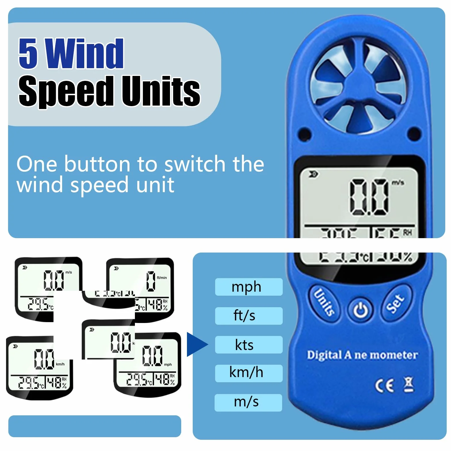 Anemómetro Portátil Digital 3 in 1, Medidor de Velocidad del Viento 0,3-30 m/s con Sensor de Temperatura y Humedad
