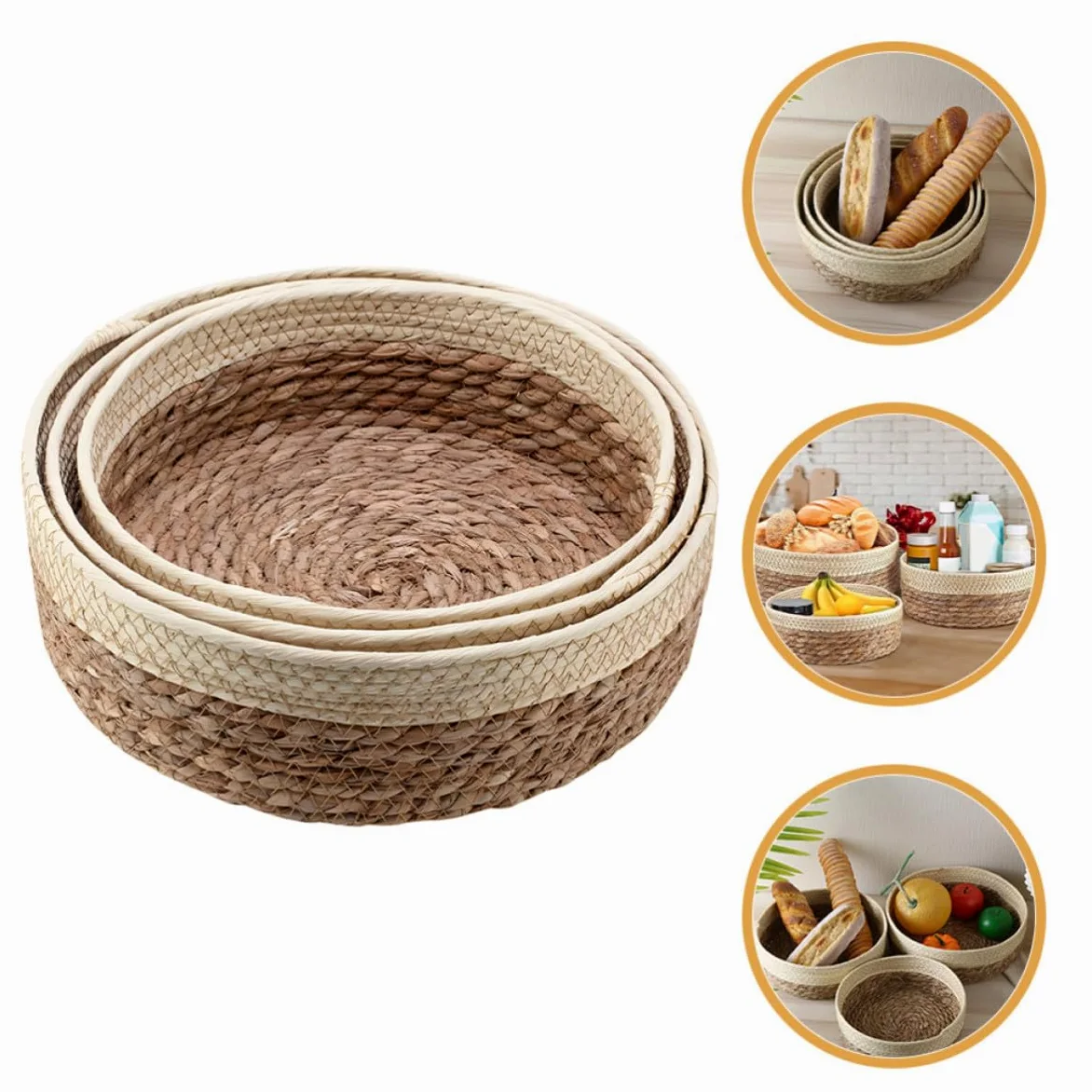 YARNOW Cesta de Almacenamiento Tejida de Escritorio, 3 Piezas, Redonda | Papel y Hierba Trenzados, Estilo Rústico Sencillo, para Cocina, Frutas, Hogar y Picnic al Aire Libre