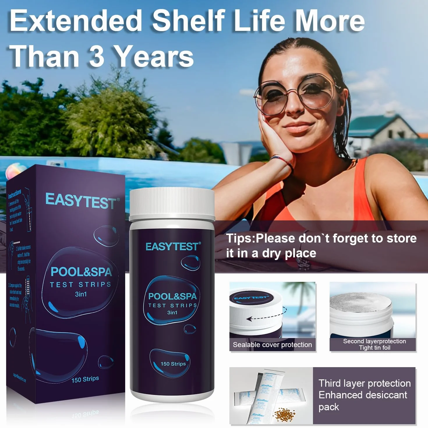 EASYTEST 150 Tiras de Prueba 3 en 1 para Piscina y SPA, Kit de Prueba de Agua pH Alcalinidad Cloro Bromo