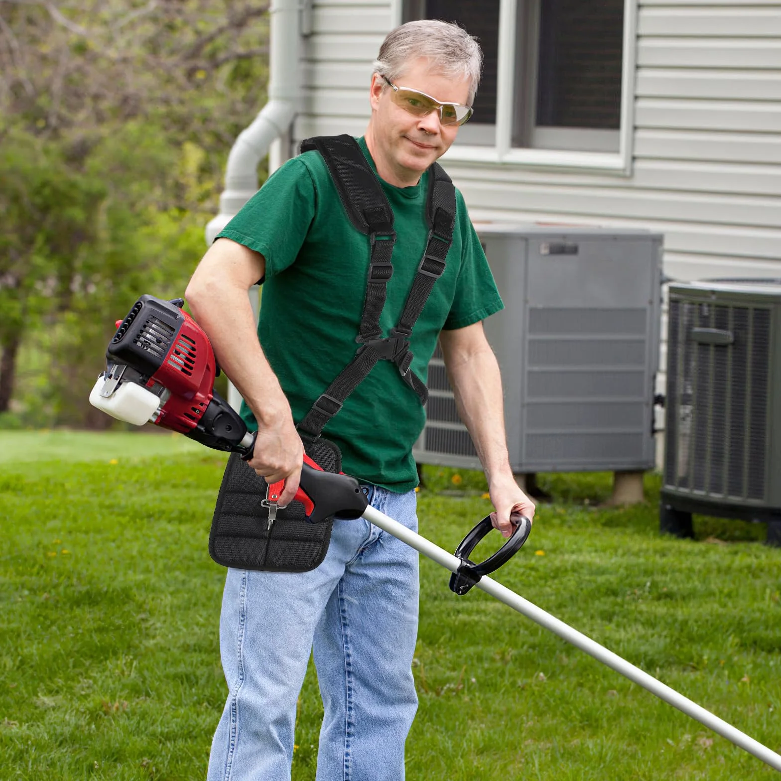 Correa para Desbrozadora Ajustable para Hombro y Cintura Negro para Uso Cómodo en Jardinería con Hebilla Fácil de Usar y Gancho de Transporte Ergonómico