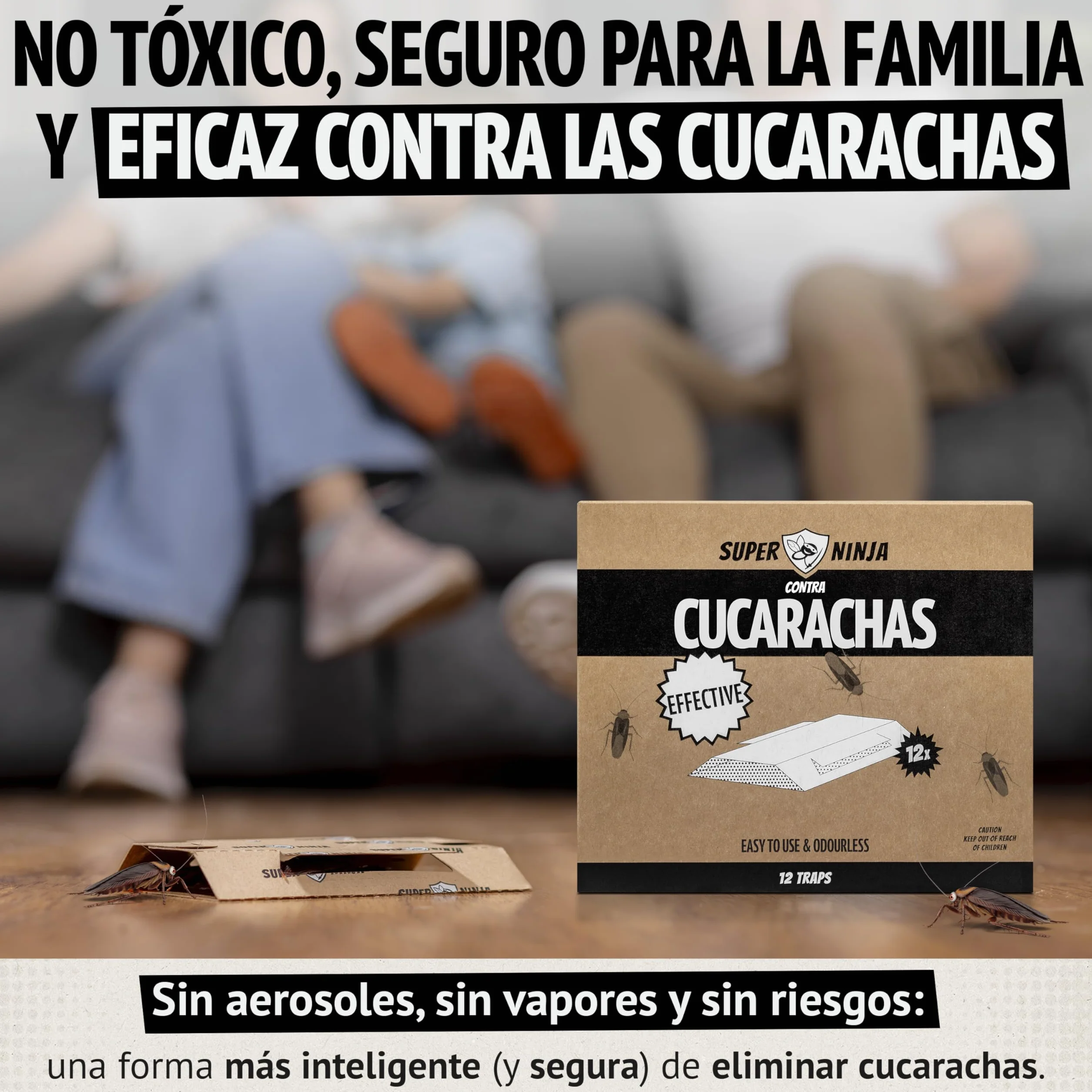 Trampas para Cucarachas Super Ninja – Pack 12 Unidades, Trampa Adhesiva con Atrayente Natural, Mata Cucarachas sin Tóxicos, Duración 3 Meses
