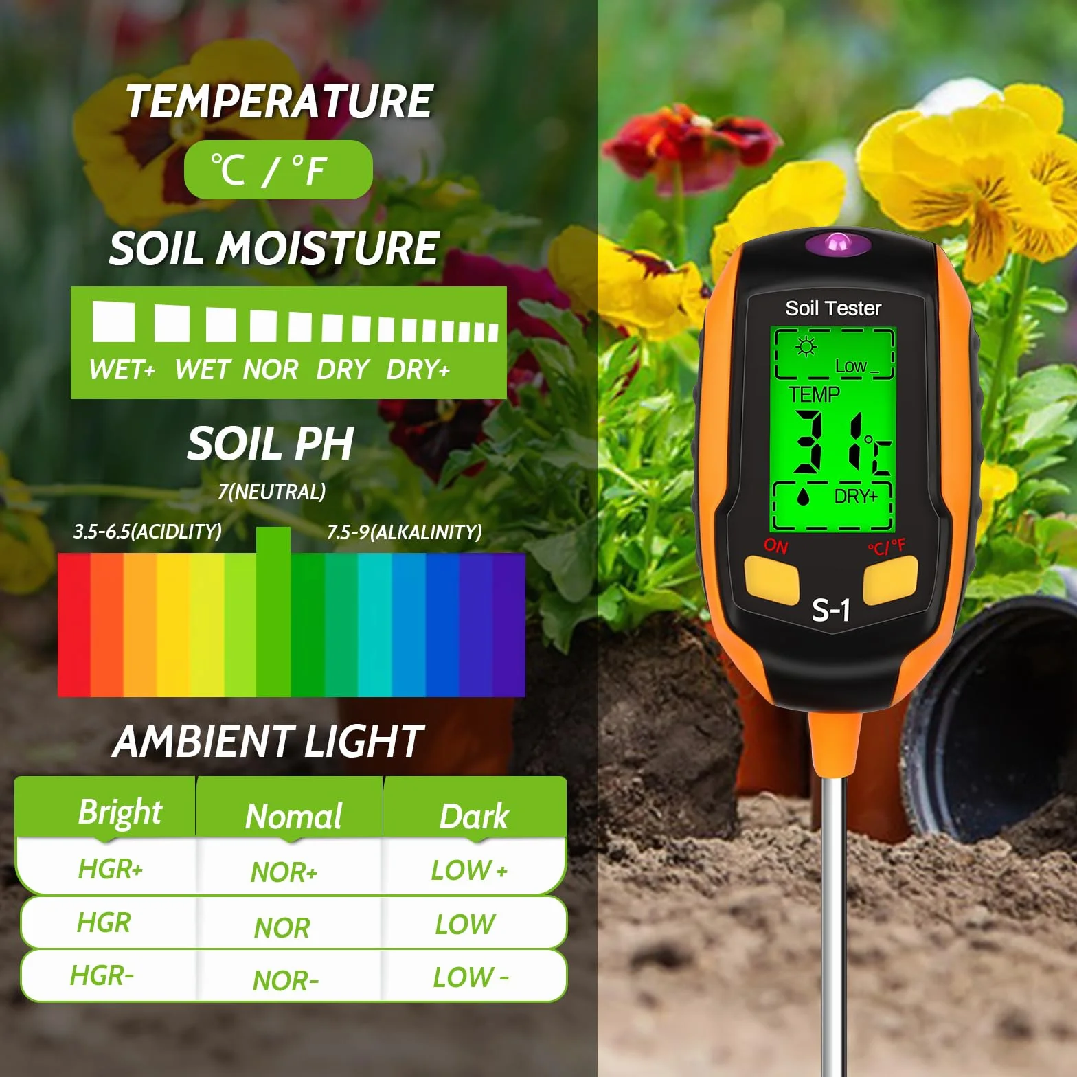 LWMTT Medidor de Suelo 4 en 1 pH Temperatura Humedad Luz Pantalla LCD Jardinería