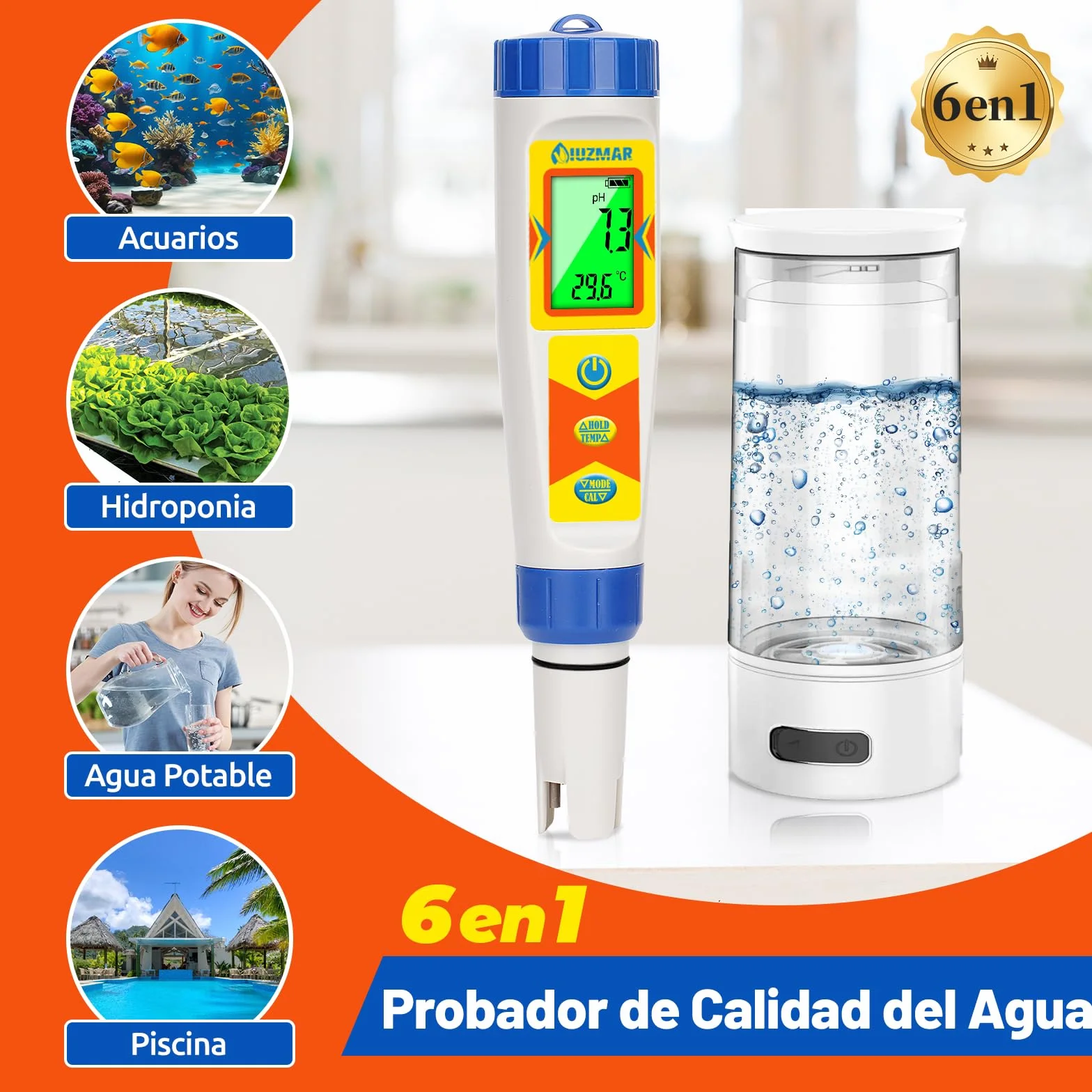 UIUZMAR Medidor de Hidrógeno y pH para Botella de Agua de Hidrógeno, Medidor pH H2, Probador de Calidad del Agua 6 en 1 con Función de pH H2 ORP TDS EC TEMP para Piscina, Acuario, Hidroponía