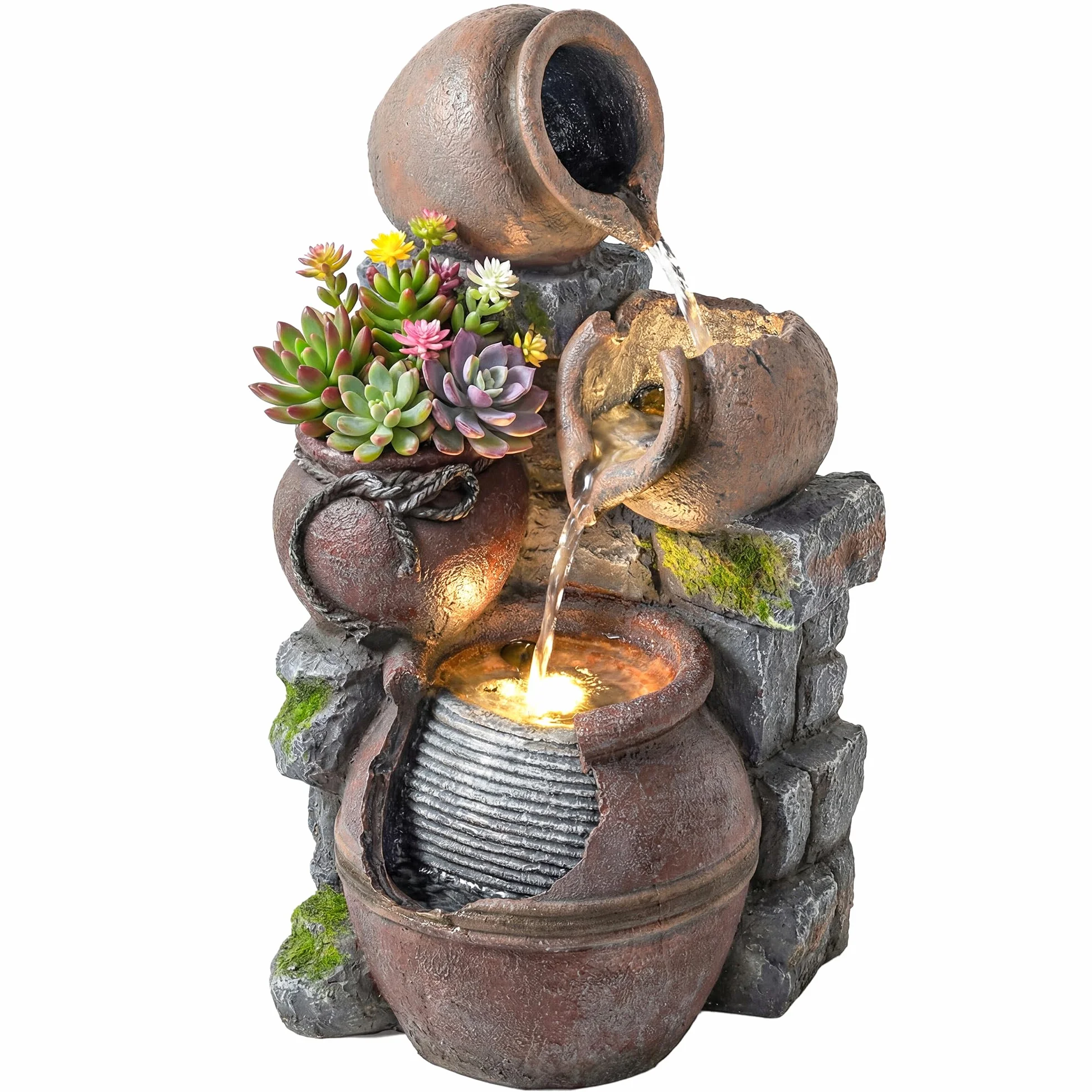 Fuente exterior Outsunny con macetas y jardineras rústicas de 4 niveles, cascada, fuente de jardín con luces LED, caudal ajustable, fuente de jardín para patio, terraza, marrón rústico.