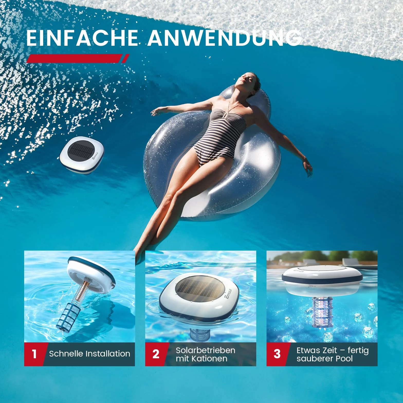 Enhulk Ionizador solar para piscina, limpiador flotante, hasta 170.000 litros, azul