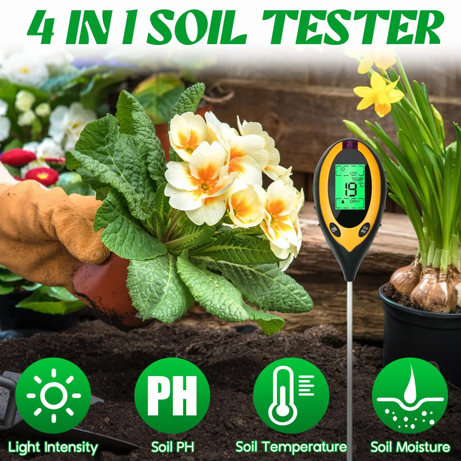 Medidor de Suelo 4 en 1 pH/Humedad/Temperatura/Luz con Pantalla LCD para Jardín y Plantas