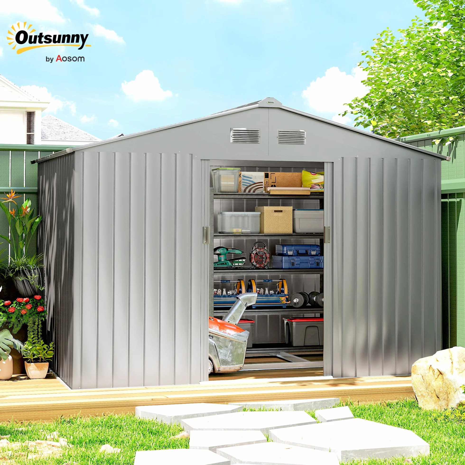 Outsunny Caseta de Jardín Exterior 4,9 m², 277x195x192 cm, Cobertizo Metálico con Puerta Corredera y Ventilación