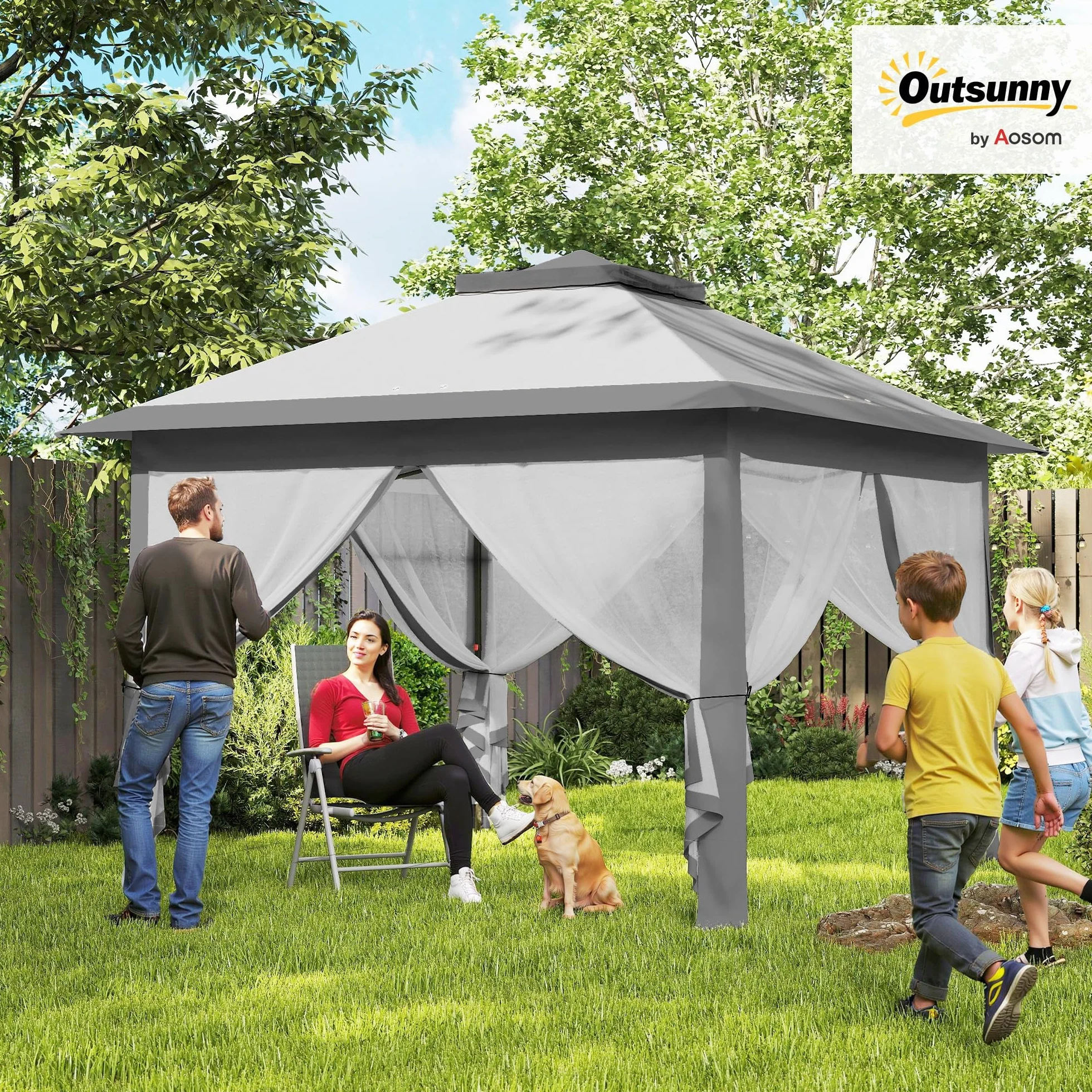 Outsunny Carpa Plegable 3,3x3,3 m Cenador de Jardín con Altura Ajustable en 3 Niveles Doble Techo 4 Mosquiteras Extraíbles y Bolsa de Transporte Impermeable Anti-UV Gazebo para Exterior Fiestas Gris