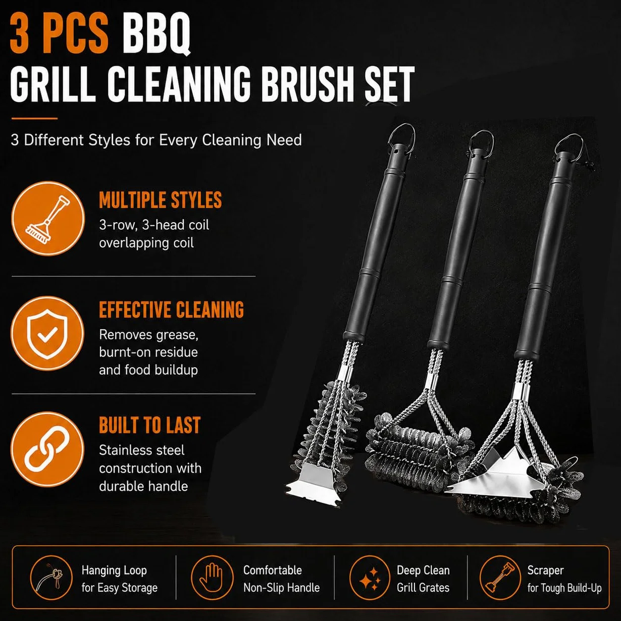 3PCS Cepillo Barbacoa Limpieza para Royal Gourmet Gas Grill and Pizza Oven | 17.3"Cepillo de 3 Cabezales en Espiral con Raspador 16.4"Cepillo con Espirales Superpuestas 17.5"Cepillo 3 Filas con Raspador