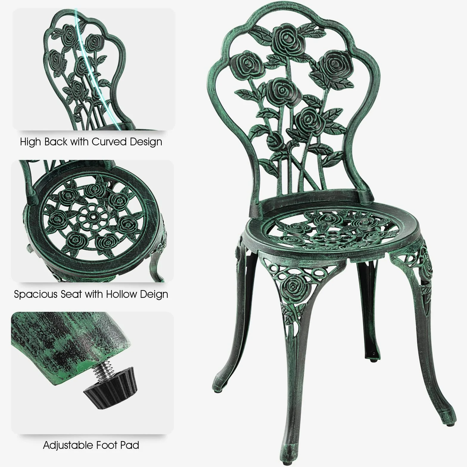KOMFOTTEU Juego de Muebles de Jardín 3 Piezas, Mesa y 2 Sillas de Aluminio Fundido, Conjunto Bistró con Agujero Sombrilla, Diseño Rosas, Verde Bronce