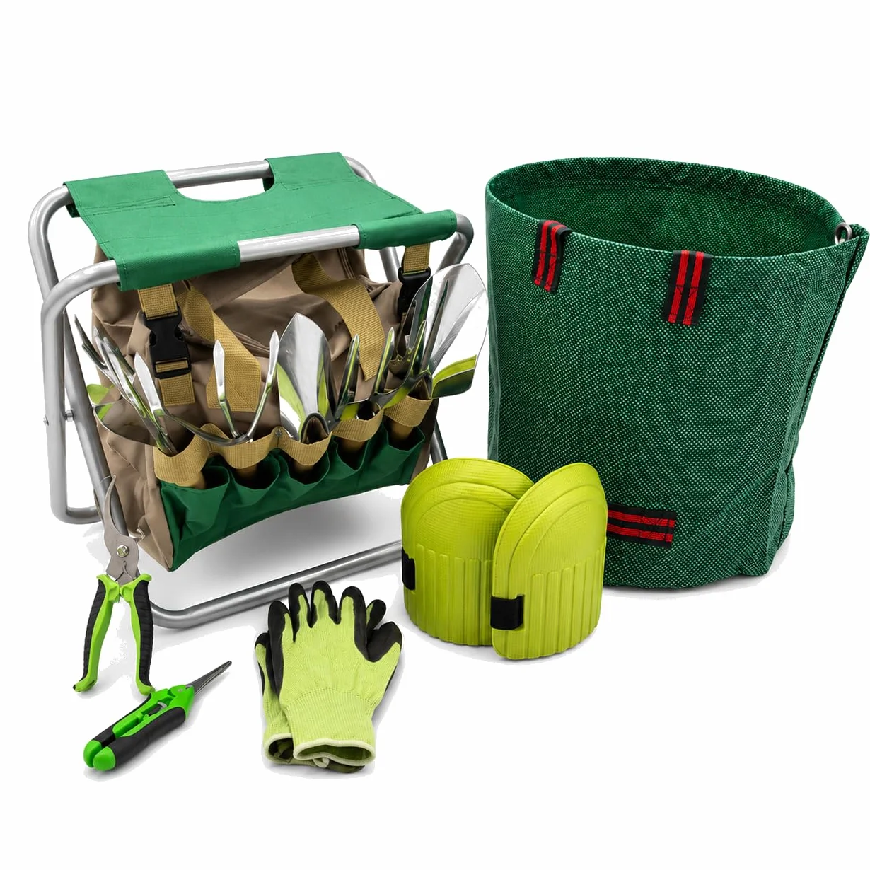 Kit Jardinería Ergonómico Verdorin - Taburete Plegable + 12 Herramientas Acero Inoxidable + Bolsa + Guantes + Rodilleras - Jardinería sin Dolor en la espalda ni en las Rodillas