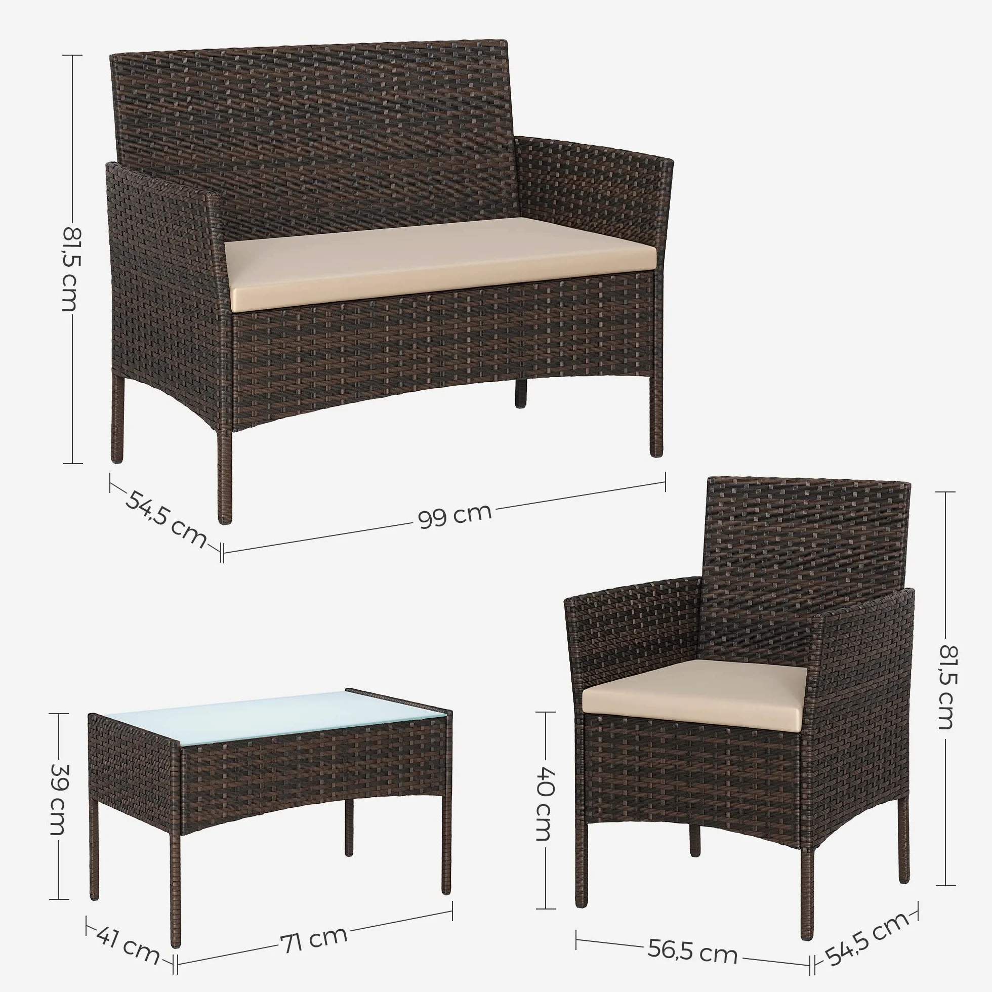 SONGMICS Conjunto de Muebles de Jardín Ratán Mimbre PE Marrón GGF004K05