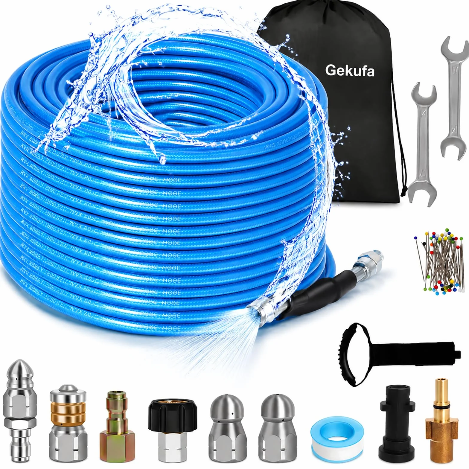 Kit de Limpieza de Tuberías de 30 m para Karcher K2-K7 y Bosch | Manguera Azul de Alta Presión de 5800 PSI con Chorro de Agua para Desatascar y Limpiar Desagües