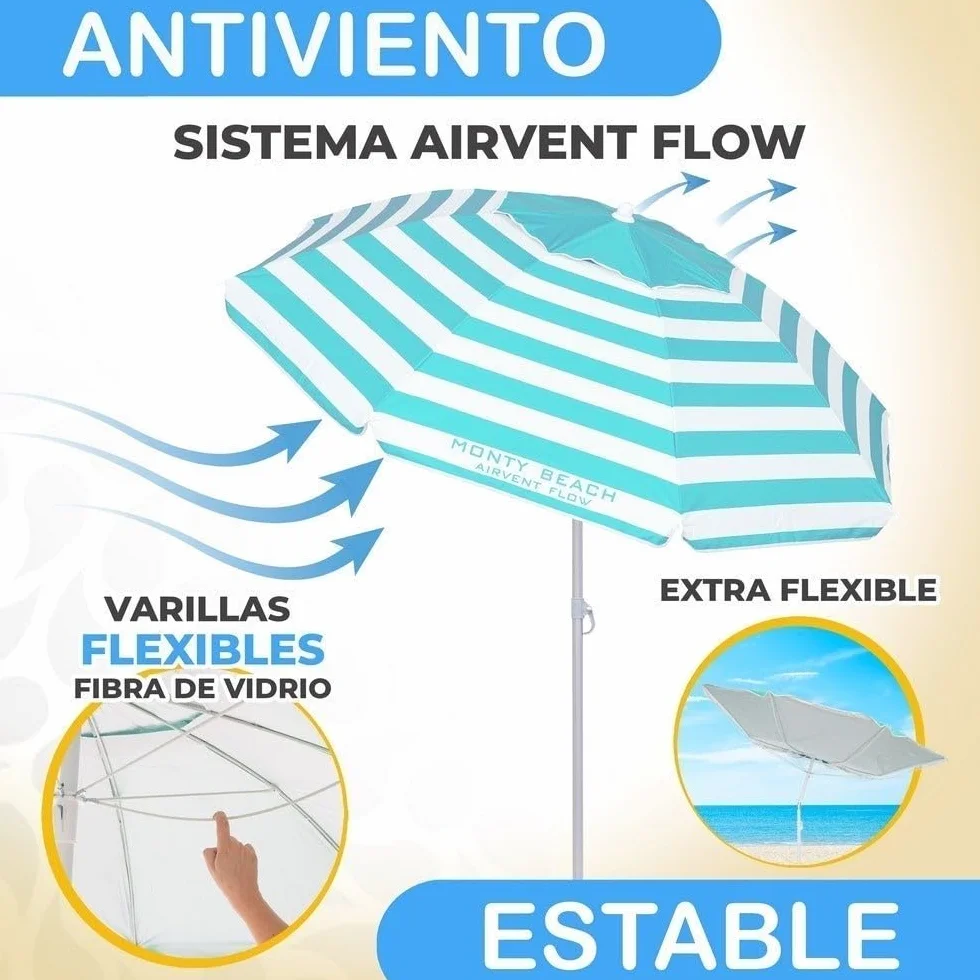 LOLAhome Sombrilla Playa 200 cm Protección UV+50 Antiviento Varillas Flexibles Techo Ventilación Mástil Inclinable Regulable Altura Bolsa Transporte