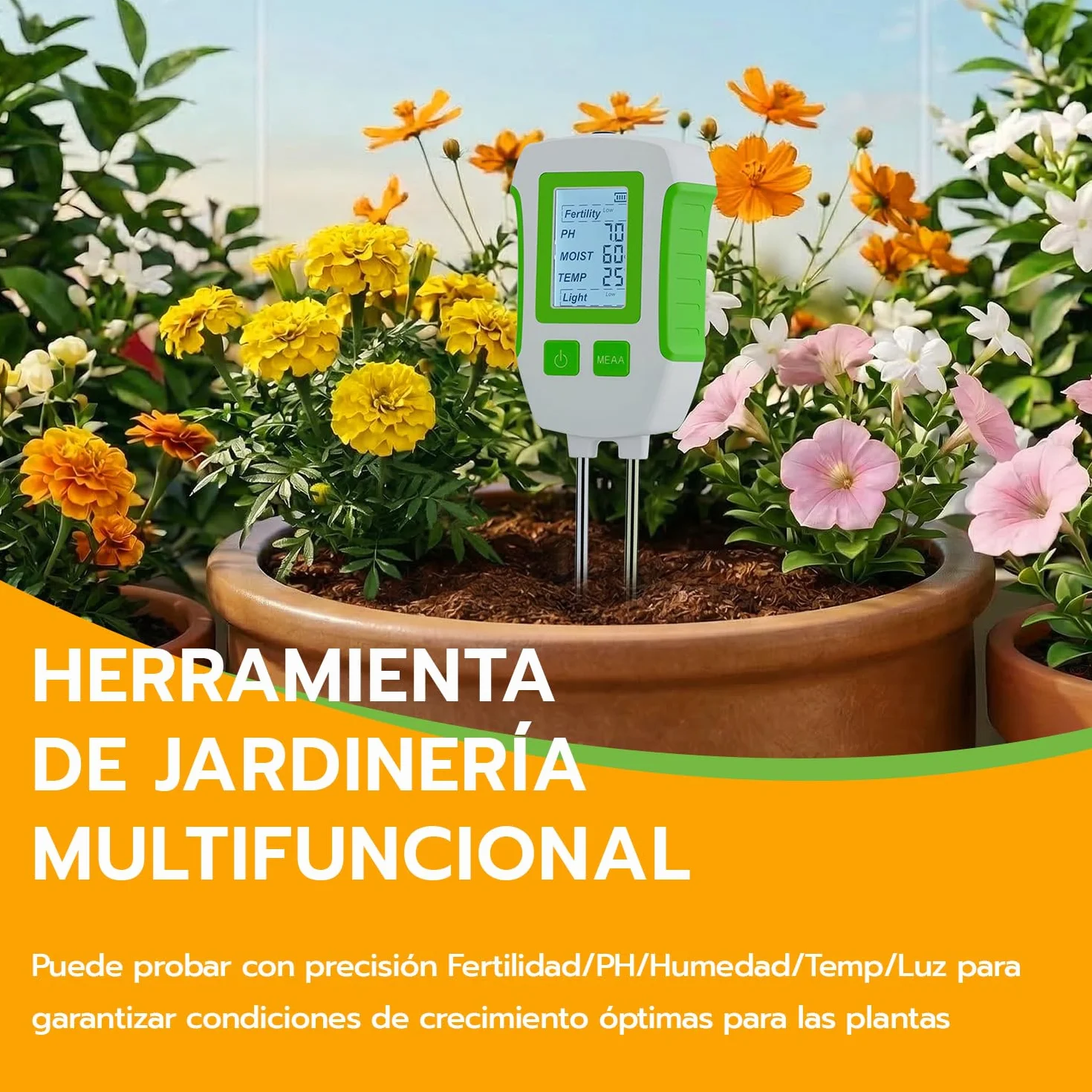 Medidor de Suelo 5 en 1, Higrómetro Digital para Plantas con Pantalla LCD, Humedad, pH, Temperatura, Luz, Fertilidad