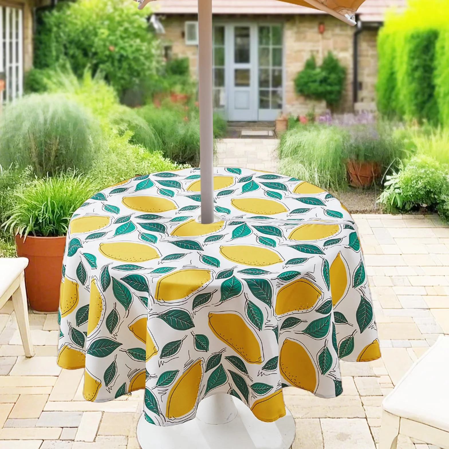 SUCHDECO Mantel redondo para exteriores 150 cm impermeable floral con agujero para sombrilla y cremallera lavable amarillo limón