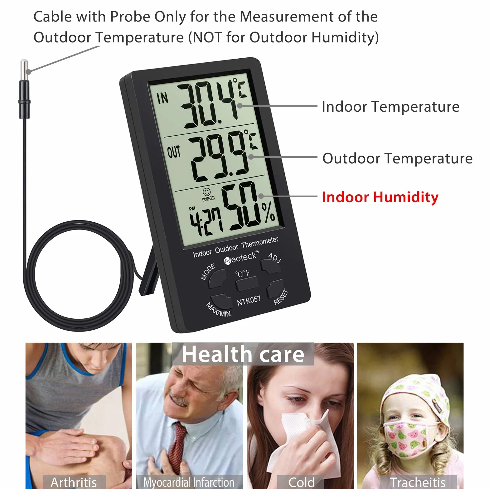 Neoteck Termometro Higrometro Digital LCD Interior Exterior con Cable Sensor 1,5m Medidor de Temperatura Humedad Min Max
