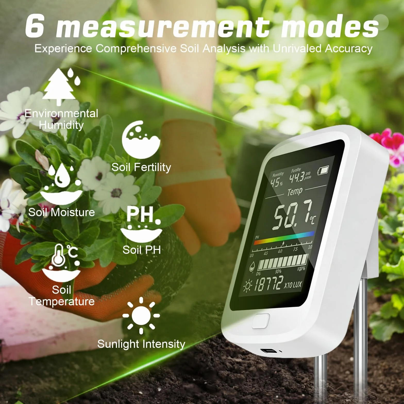 Medidor de pH de tierra 6 en 1, medidor de humedad digital para suelo con PH, temperatura, humedad, luz, fertilidad para jardín