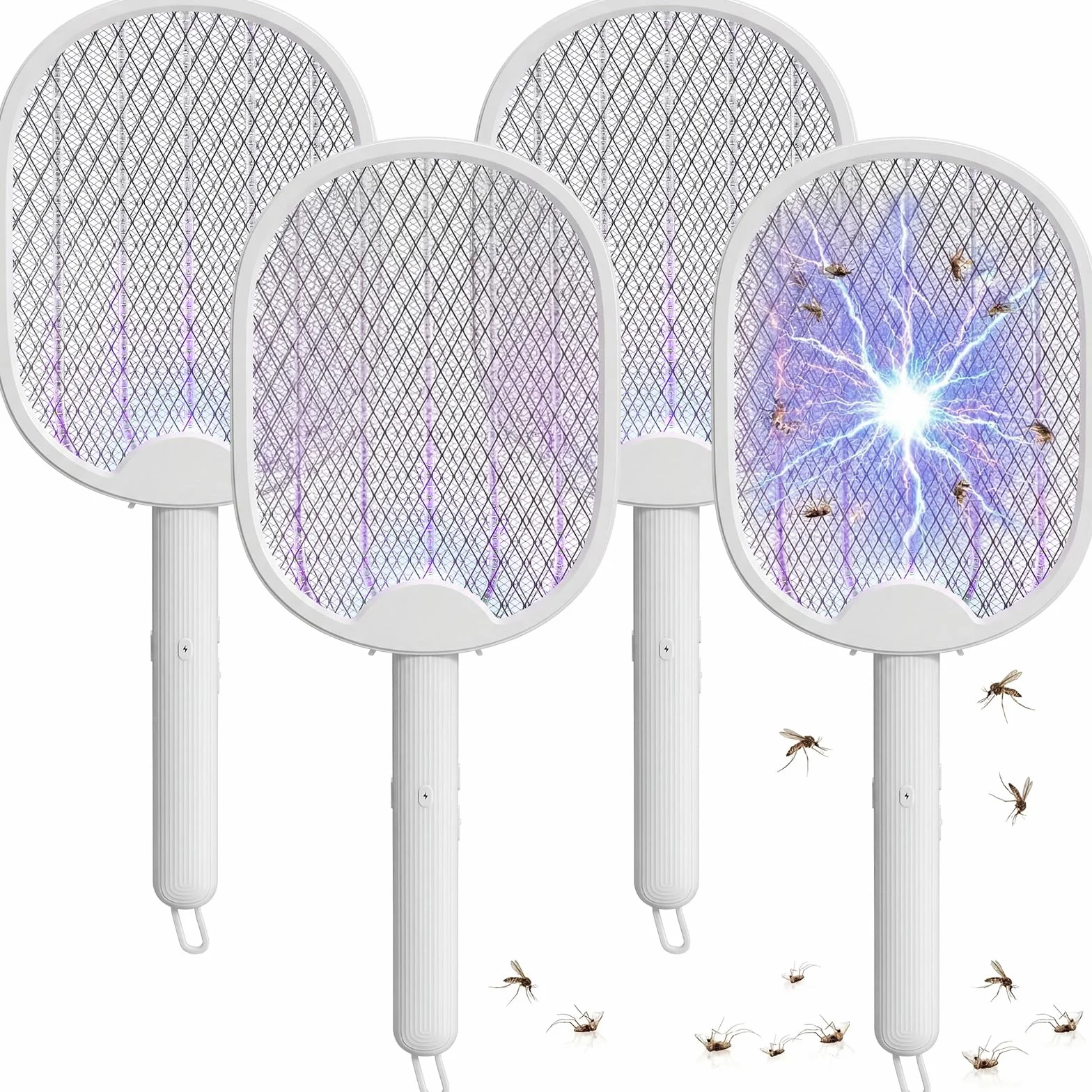 4 raquetas matamoscas eléctricas 2 en 1, raqueta matamoscas eléctrica recargable por USB, plegable, matamosquitos eléctrica con malla de seguridad de 3 capas y batería recargable de 1200 mAh