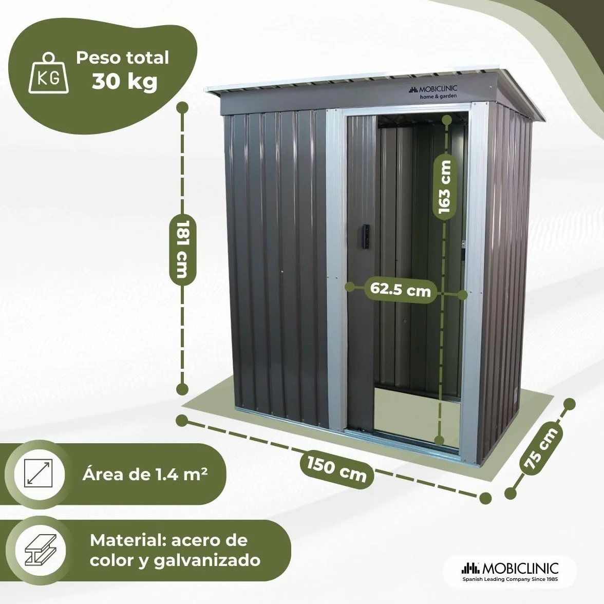 Mobiclinic Cobertizo de Jardín 150x75x181 cm Armario Exterior con Puerta Corrediza Gris