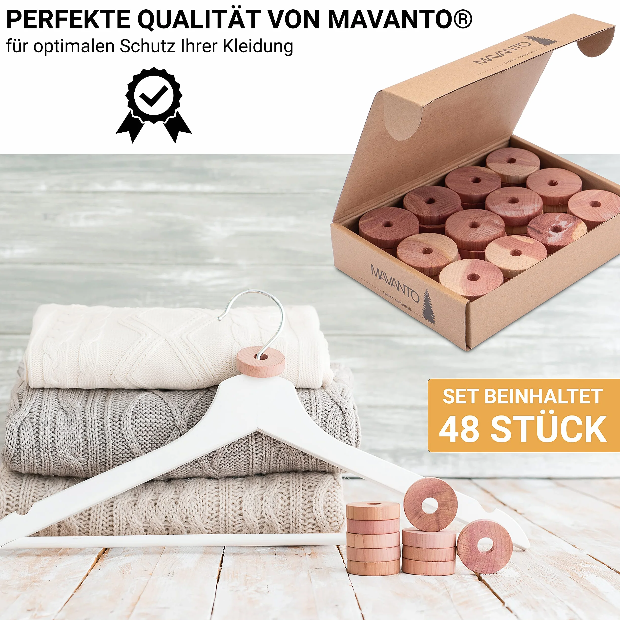 Mavanto 48x Antipolillas de Madera de Cedro para Armarios y Perchas - 100% Natural - incl. Papel de Lija GRATUITO