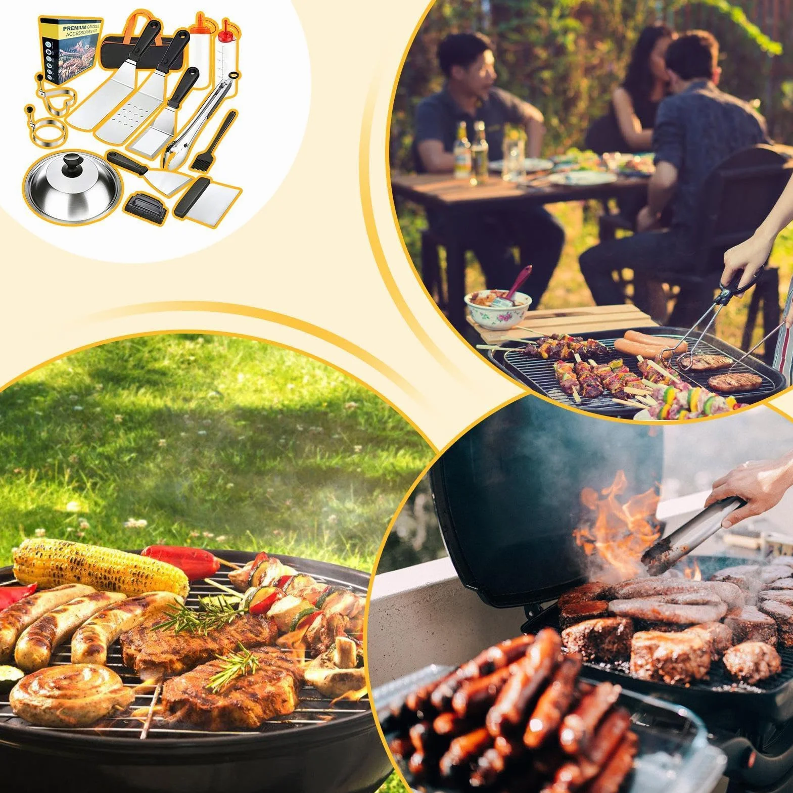 Utensilios BBQ,Juego Compacto De Utensilios para Parrilla - Set Portátil | Resistentes De Acero Inoxidable para Cocinar Carne Camarones Verduras En Jardín Patio Camping Y Brochetas