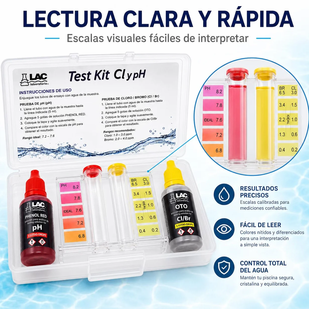 Laboratorios LAC Medidor Cloro y PH Piscinas KIT ANÁLISIS CLORO PH BROMO gotas