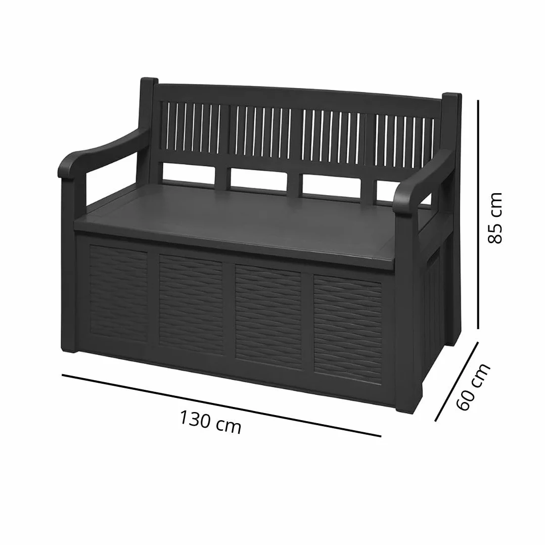 Banco de Jardin con Baul Almacenaje Integrado 130x60x85 Respaldo Alto Apoyabrazos Antracita 280L