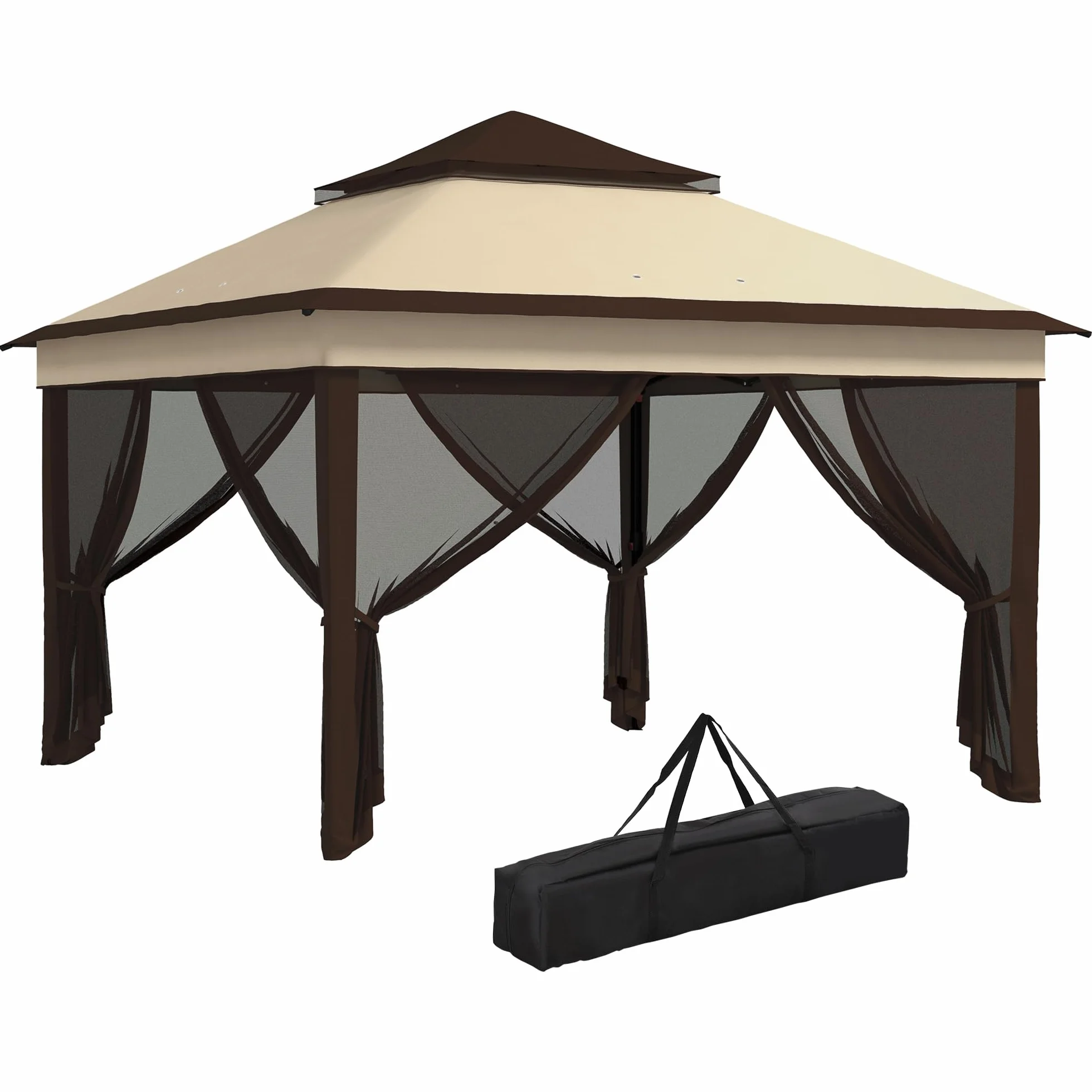 Outsunny Carpa Plegable 3x3x2,7 m Cenador de Jardín con Doble Techo Altura Ajustable 4 Mosquiteras Protección UV30+ Impermeable y Bolsa Gazebo para Exterior Fiestas Camping Beige y Café
