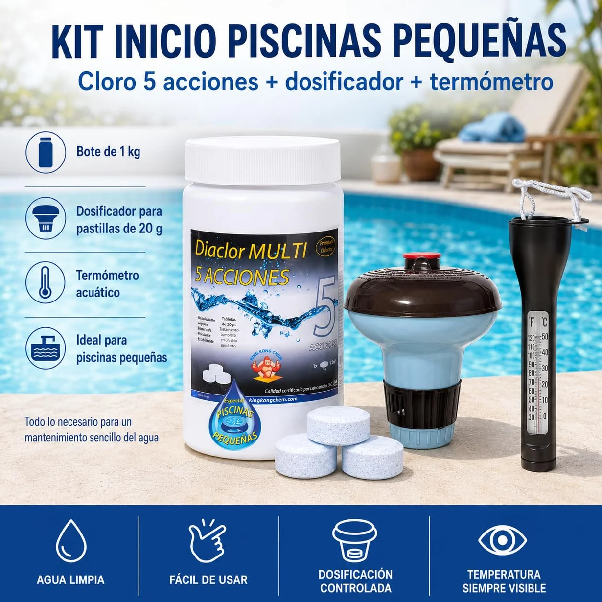 Kit Cloro Piscinas Pequeñas DIACLOR Multi 5 ACCIONES 1 KG Pastillas 20 GR SIN Cobre + DOSIFICADOR + TERMÓMETRO