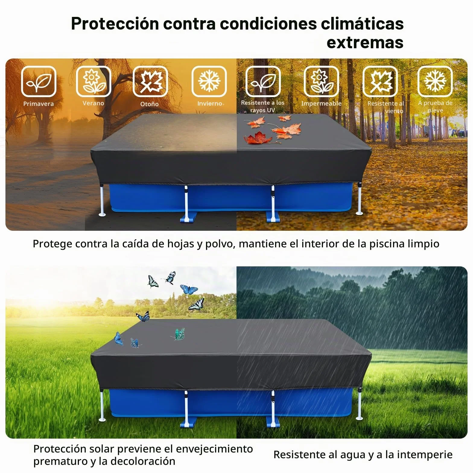 Cubierta para piscina rectangular 220 x 150 cm lona solar verano invierno