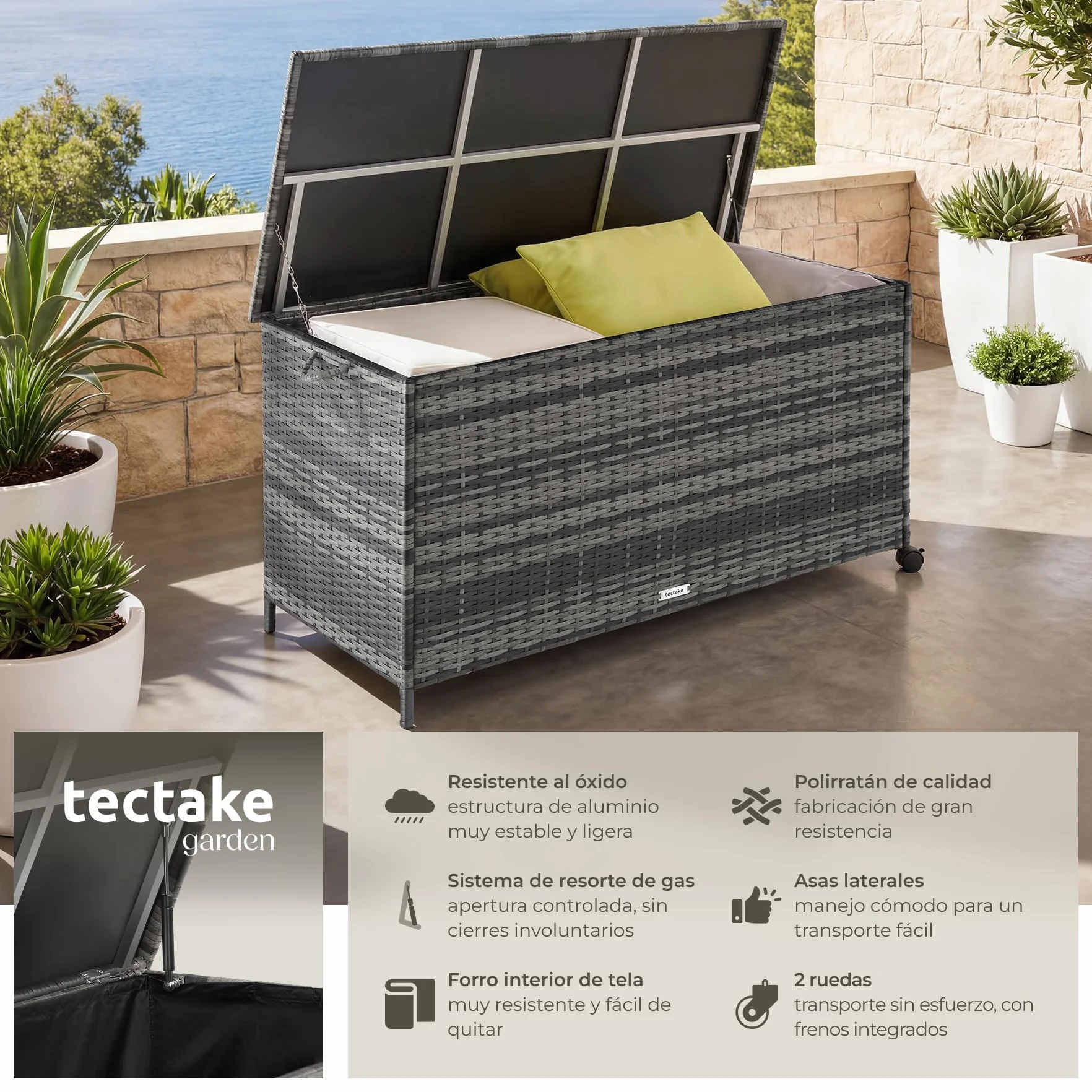 tectake Baul Almacenaje Exterior 253L Aluminio Ratán 116x54x64 cm Gris