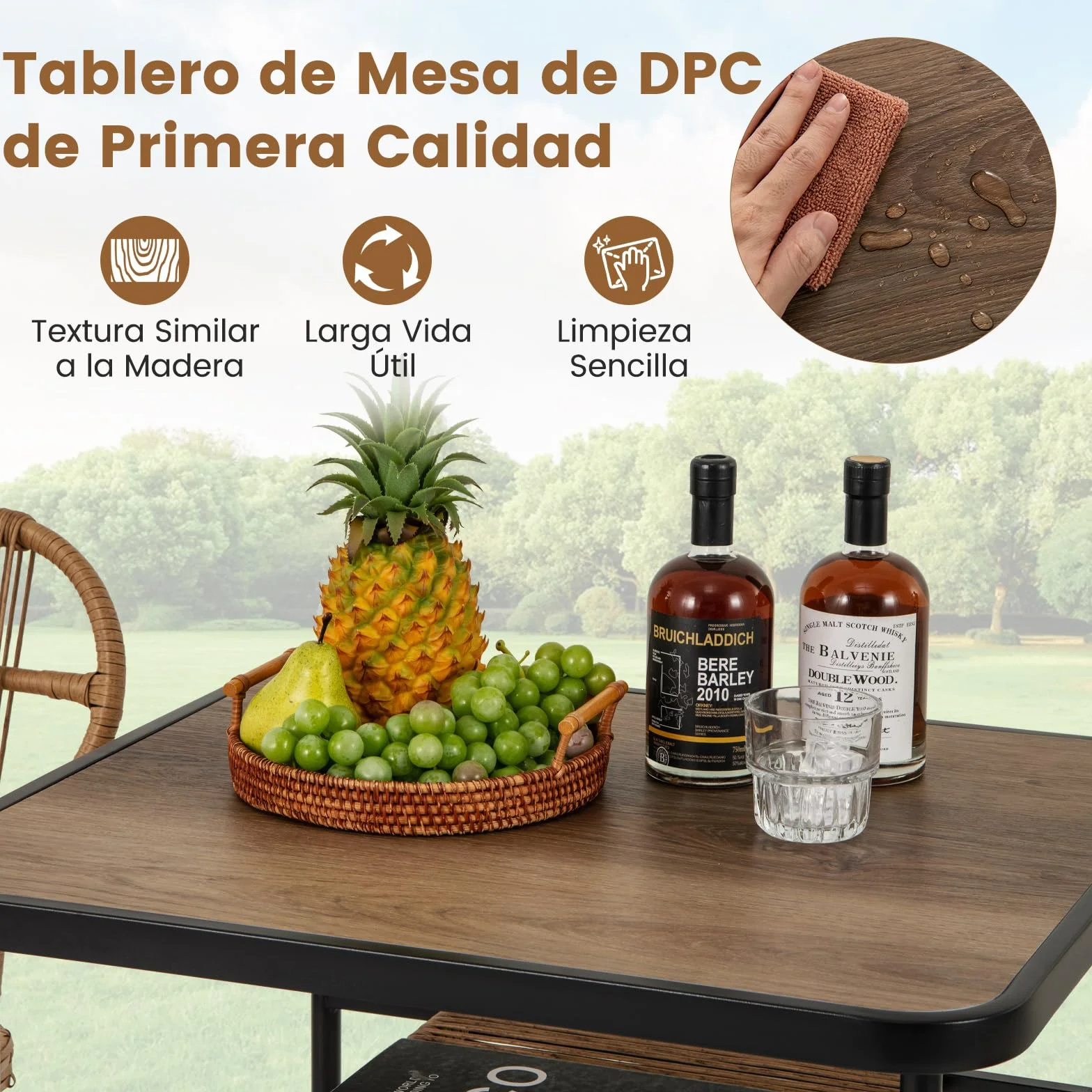COSTWAY Conjunto Jardin Exterior de 3 Piezas, 2 Sillas de Ratán Apilables y Mesa de Comedor con Estante, Mesa y Sillas Jardin Terraza Balcon Interior Exterior