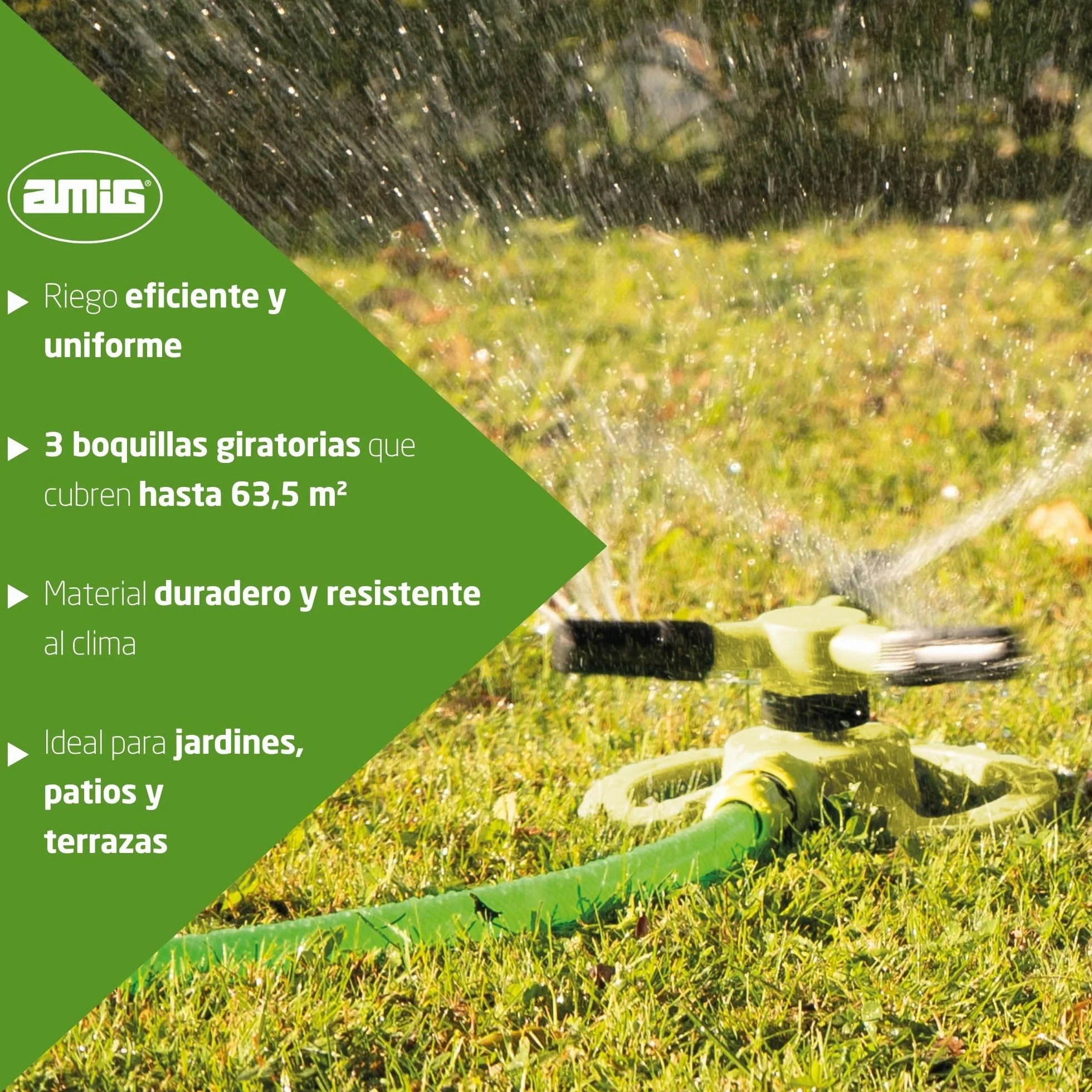 Amig Aspersor Giratorio 3 Boquillas Ø200 x 100 mm 3 Brazos Giratorios Conector Rápido 63,5 m² Plástico ABS Verde Pistacho Negro