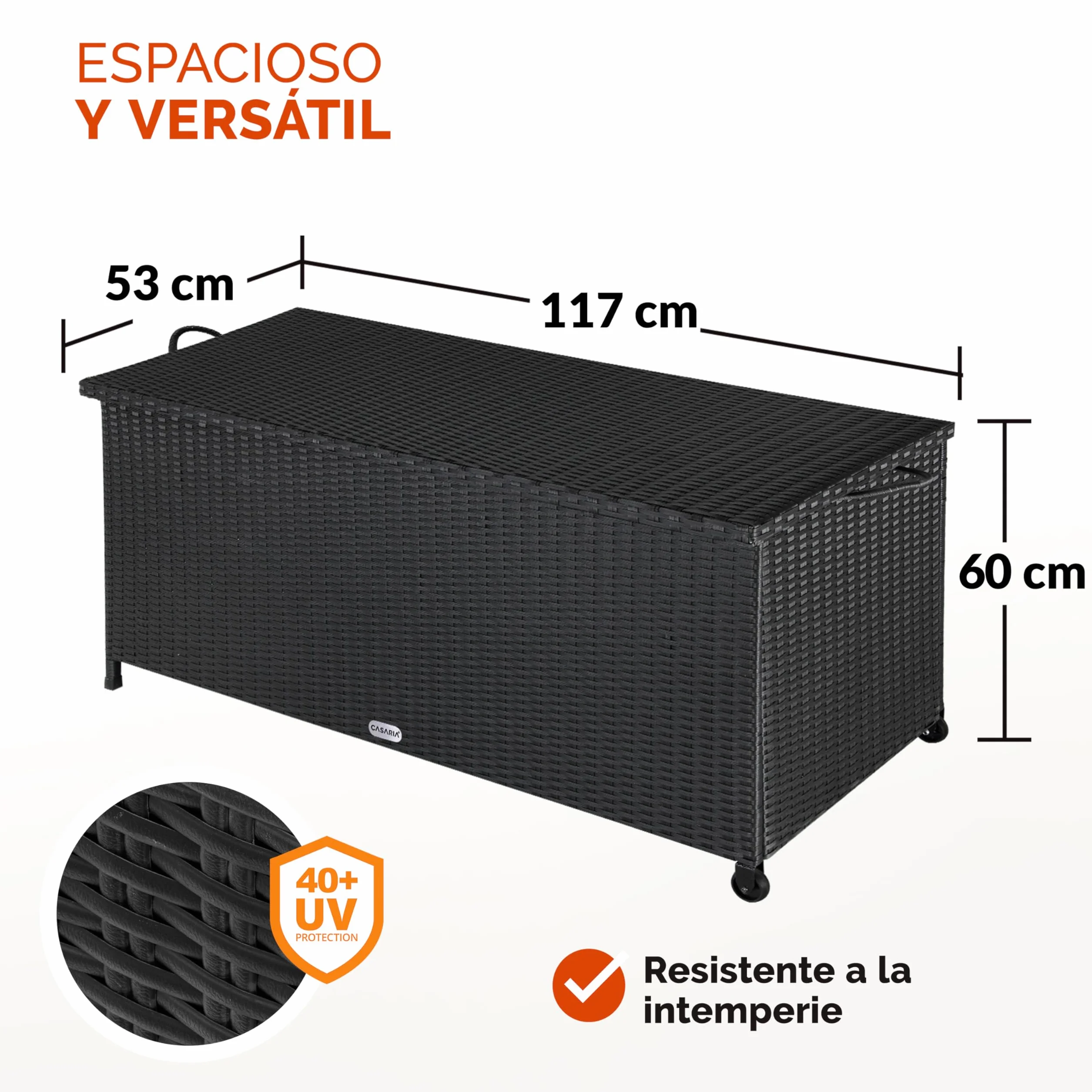 CASARIA Baúl de Almacenamiento Exterior XXL 270L 117x53x60cm Poliratán Negro 2 Ruedas
