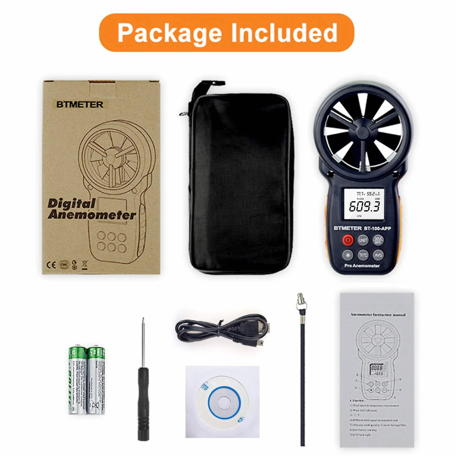 Anemómetro Digital Portátil Medidor CFM USB Velocidad Viento Temperatura Flujo Aire Humedad