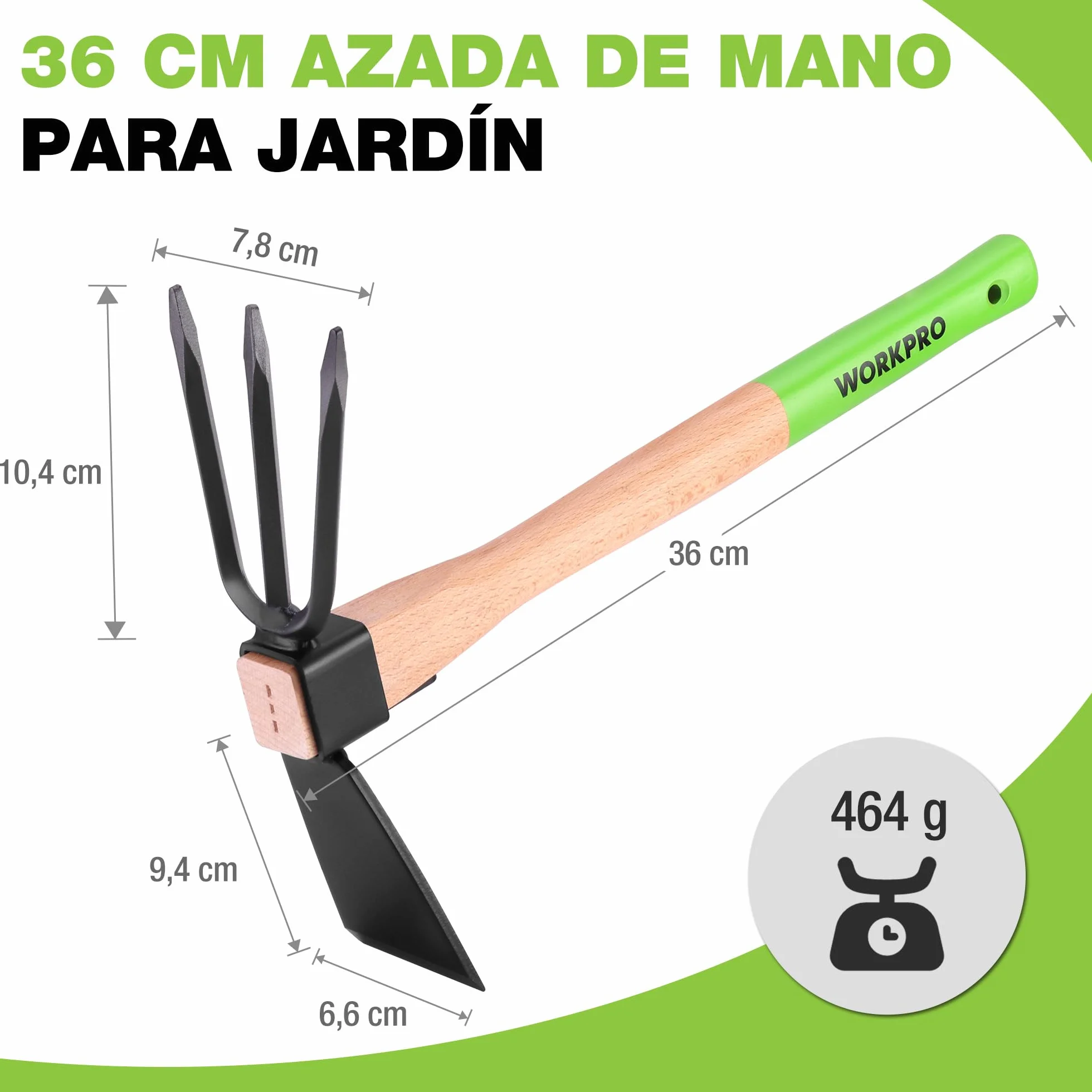 WORKPRO Azada Doble Jardín 2 en 1 Acero Cultivador 3 Dientes Mango Madera 36 cm Jardinería