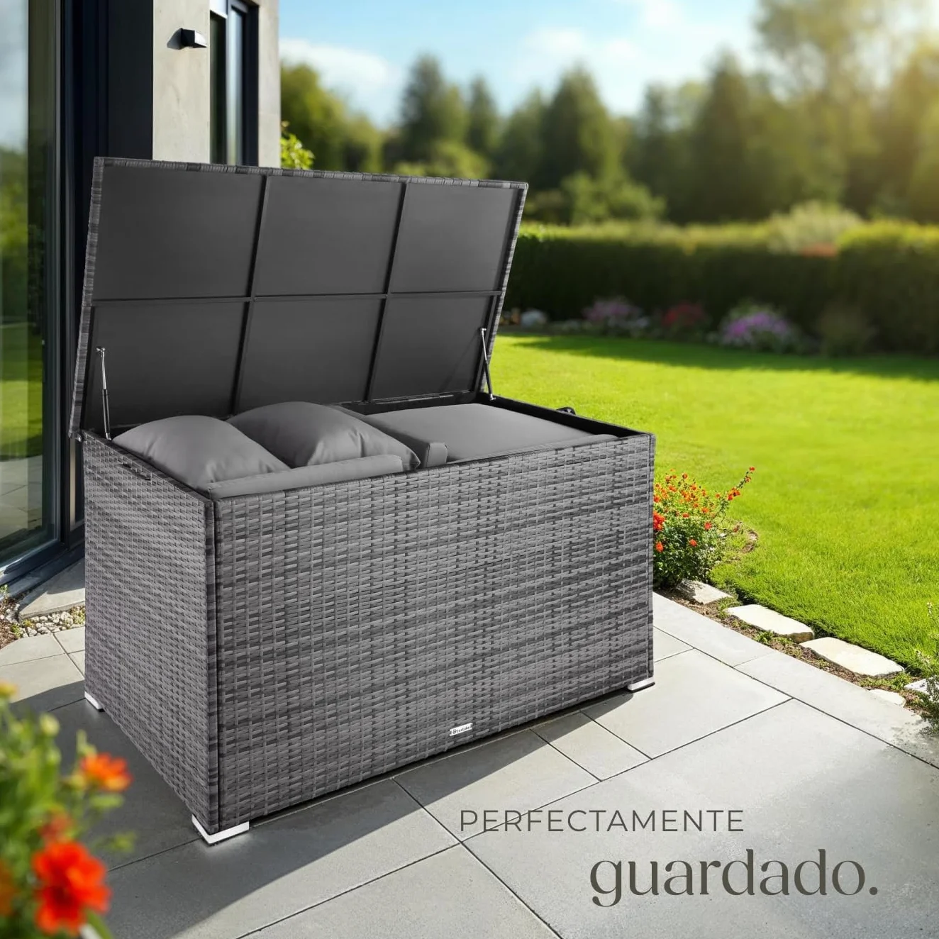 Tectake Baúl de Almacenaje Exterior 750 l, Arcón de Poli Ratán Resistente, Cofre para Jardín Terraza - Gris