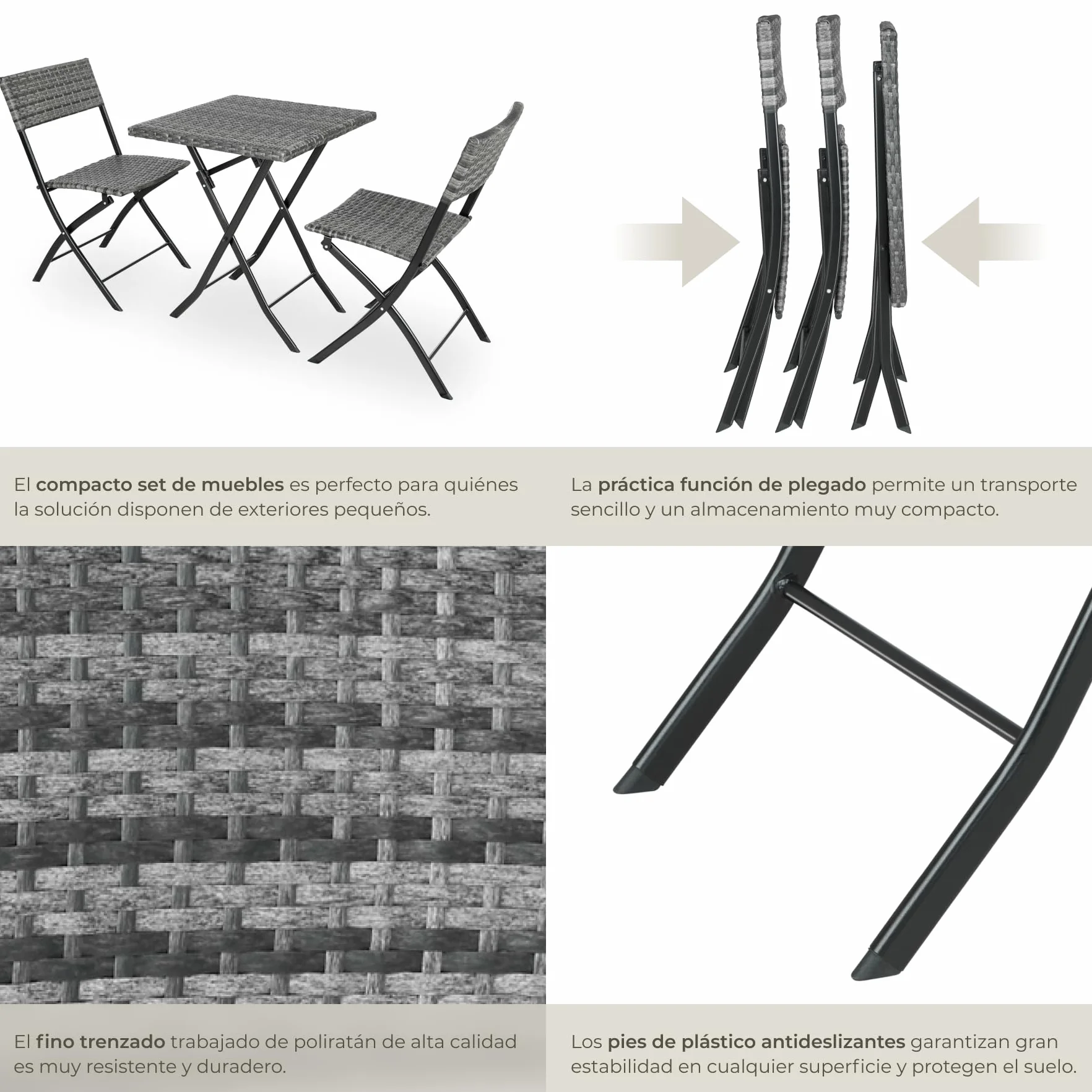 tectake Conjunto Jardín Exterior de Ratán y Acero para 2 Personas, Muebles Resistentes a Intemperie, Plegable, Gris