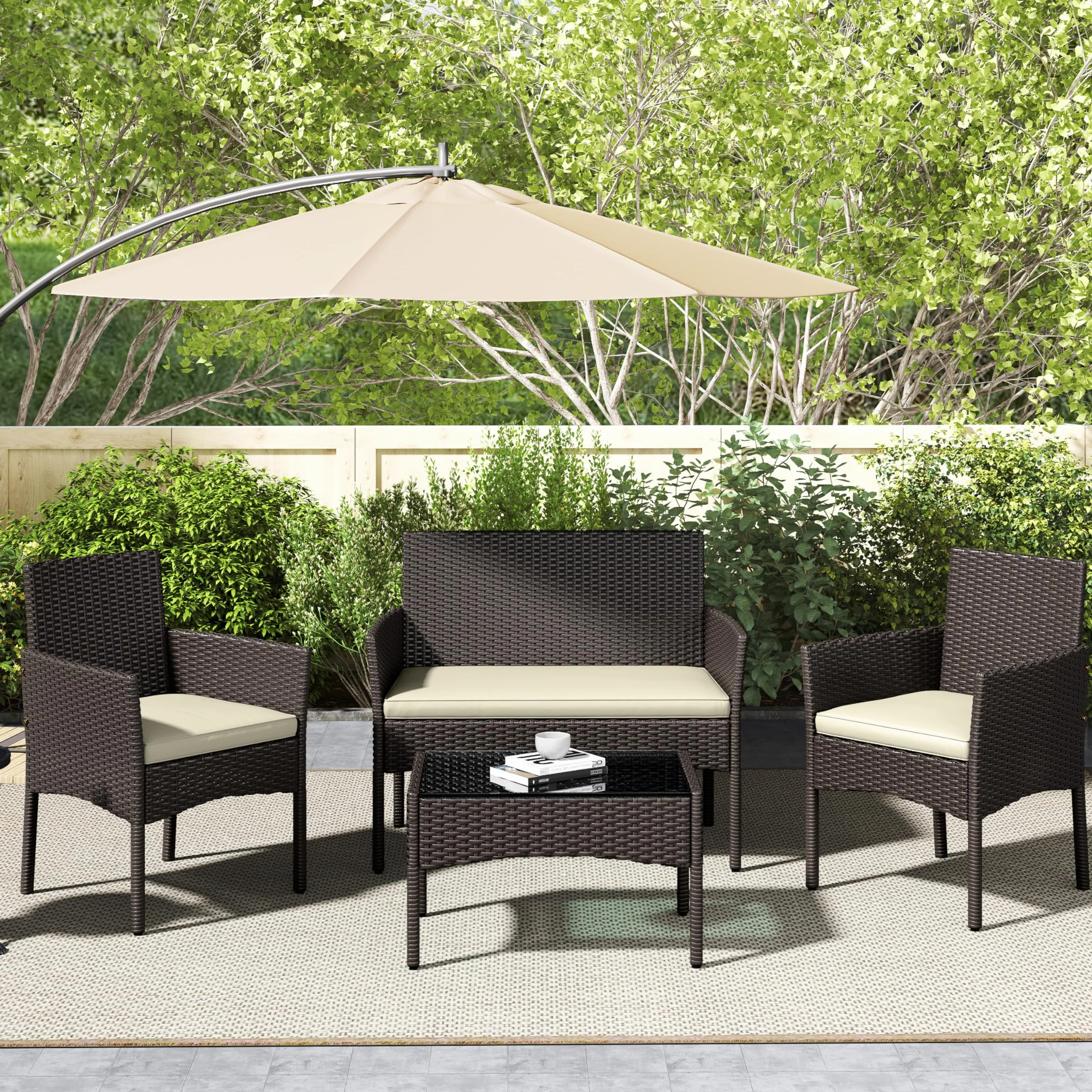 Yaheetech Conjunto de Muebles Ratán de Jardín 4 Piezas con Cojines y Mesa de Vidrio Marrón Beige
