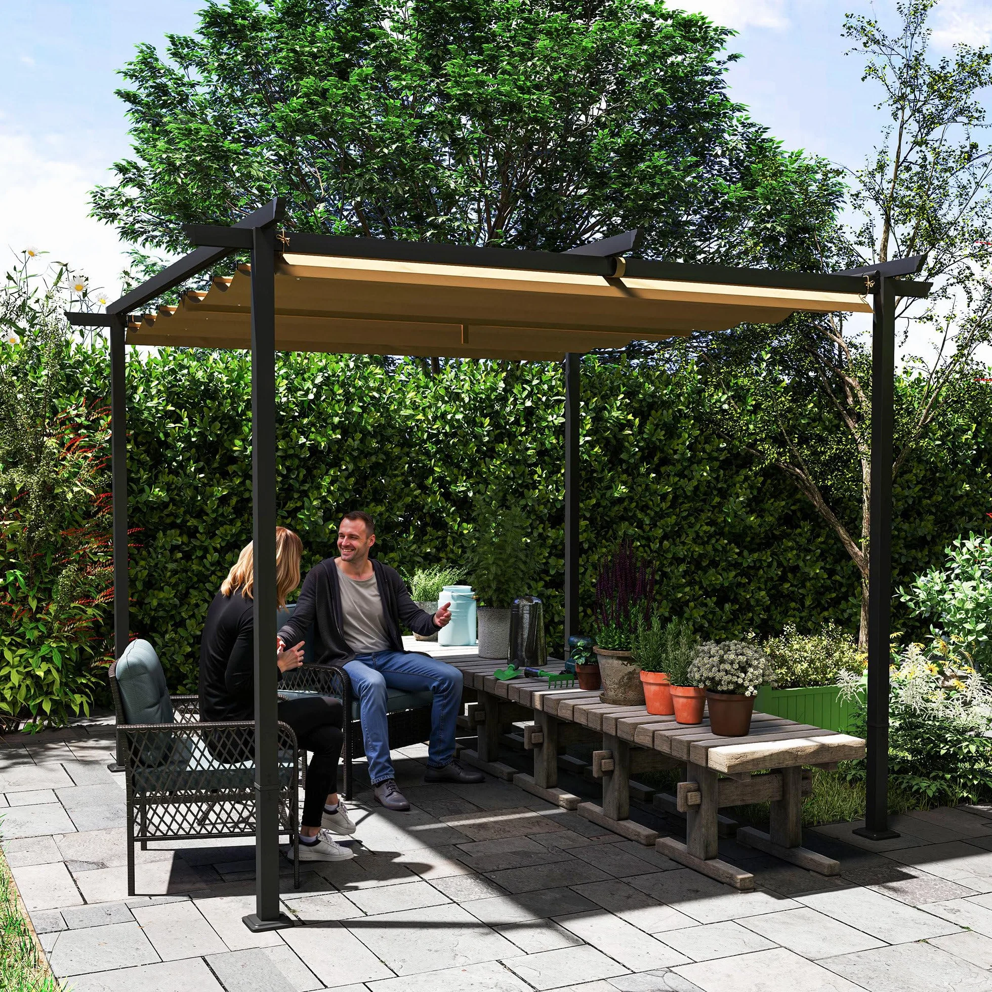 Outsunny Pérgola 3x3m Pabellón de jardín con techo de terraza de metal, pabellón de jardín con techo solar ajustable, protección UV 30+ Protección solar independiente para terraza y jardín, Beige