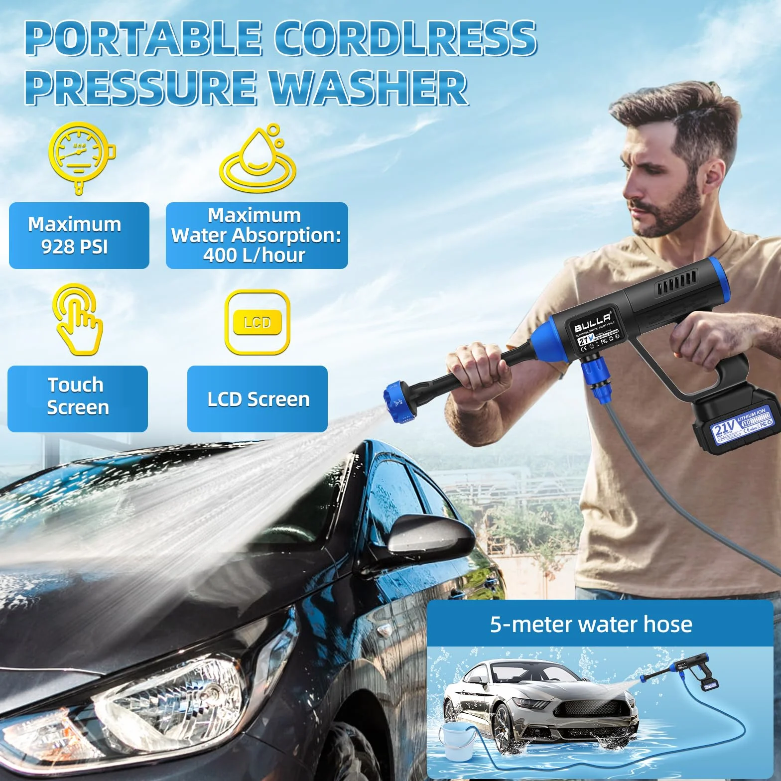 Hidrolimpiadora Batería, Pistola de Agua a Presión 6 en 1, 2 Baterías 4,0 Ah, Limpieza Coches