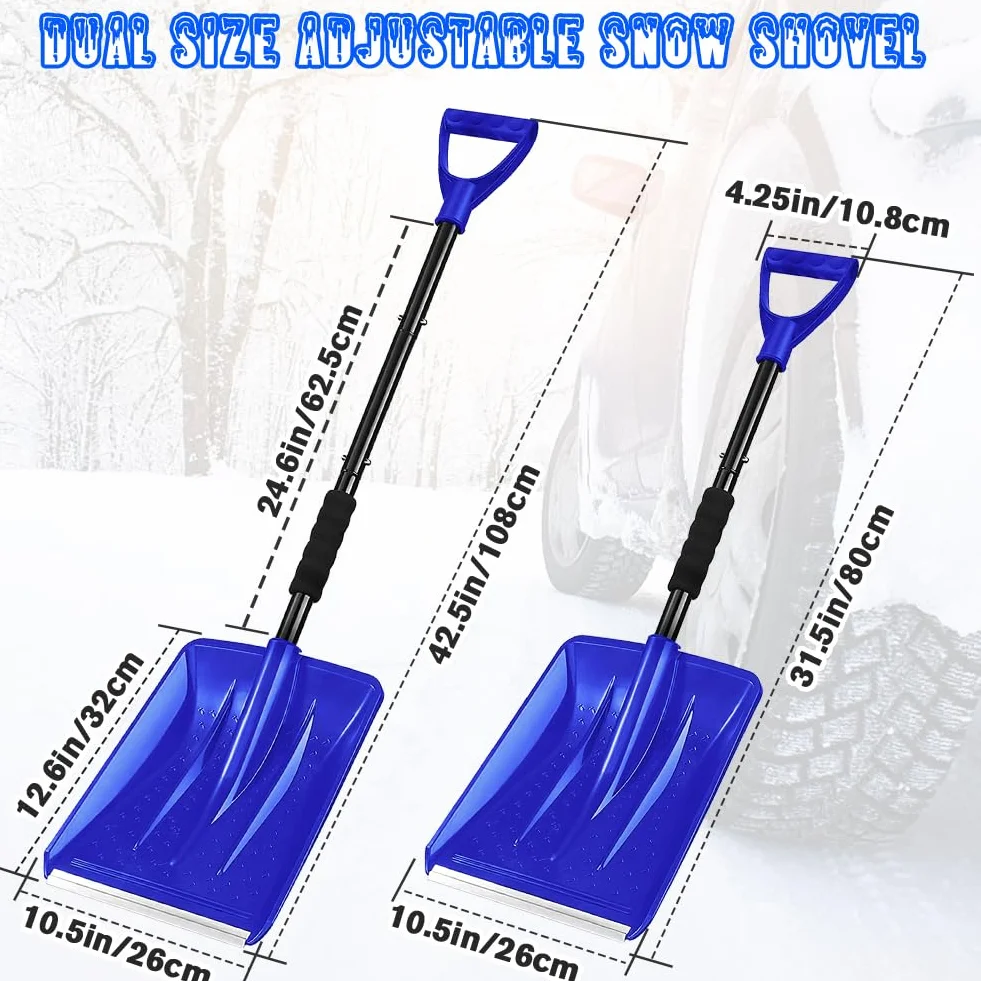 Pala Nieve, Carretilla Elevadora de Nieve de 108 cm, Diseño Desmontable de 4 Piezas, Pala de Nieve Ajustable Portátil Ligera, Gran Capacidad, Conducción de Automóviles (Azul)