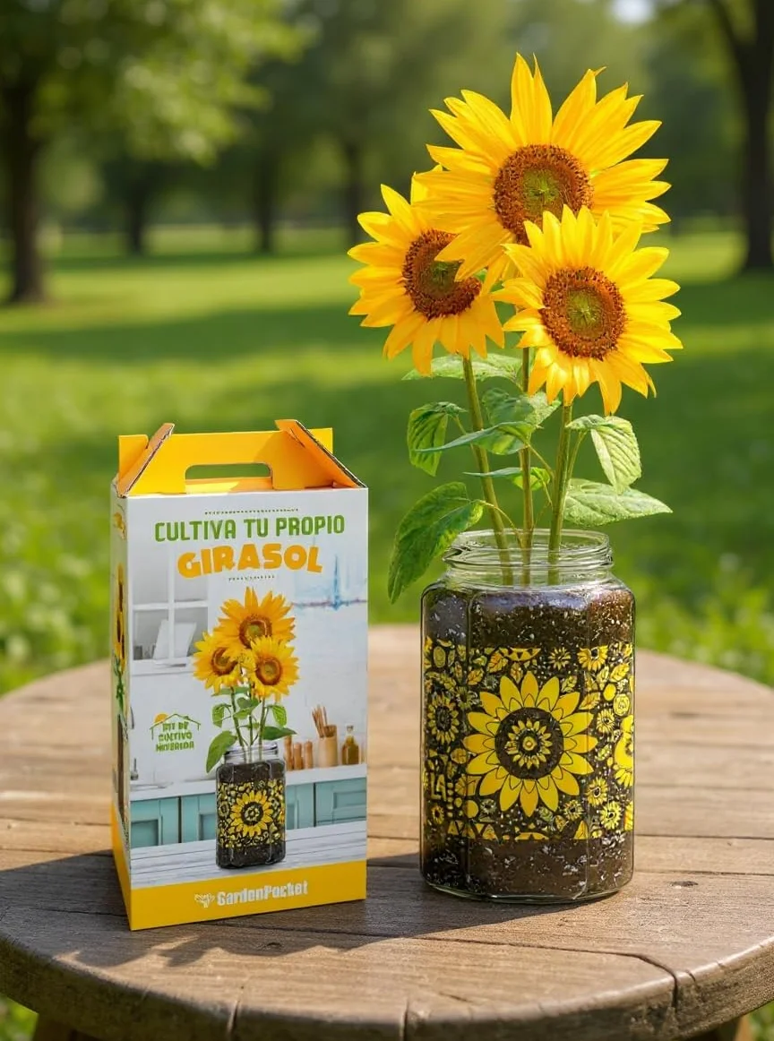 Kit Cultivo Girasol Interior Tarro Cristal Decorativo Semillas Sustrato Drenaje Regalo Casa Oficina