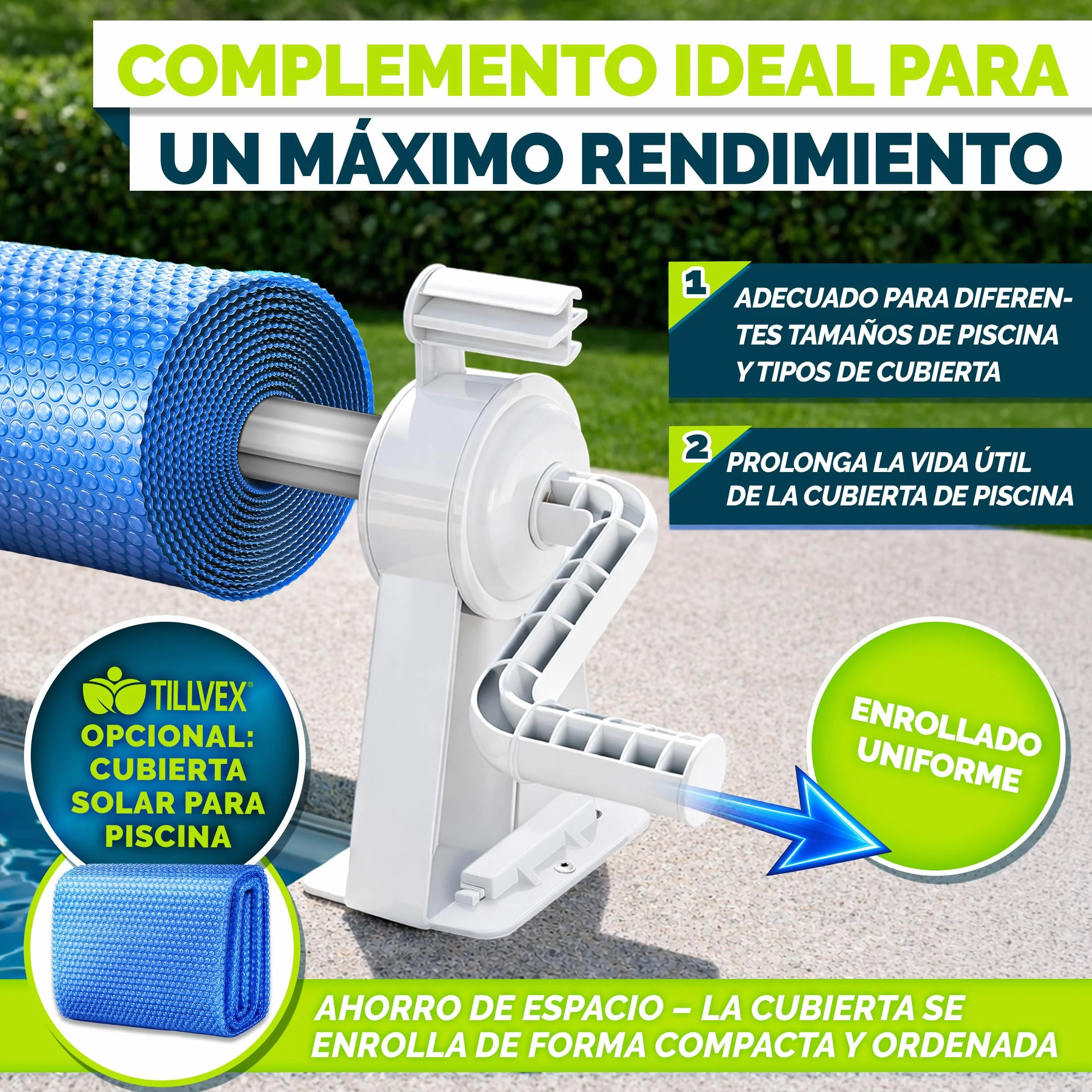 Tillvex Enrollador de Cubiertas para Piscinas 1,05-6,15 m con Termómetro Sistema Móvil de Enrollado para Lonas Láminas Solares