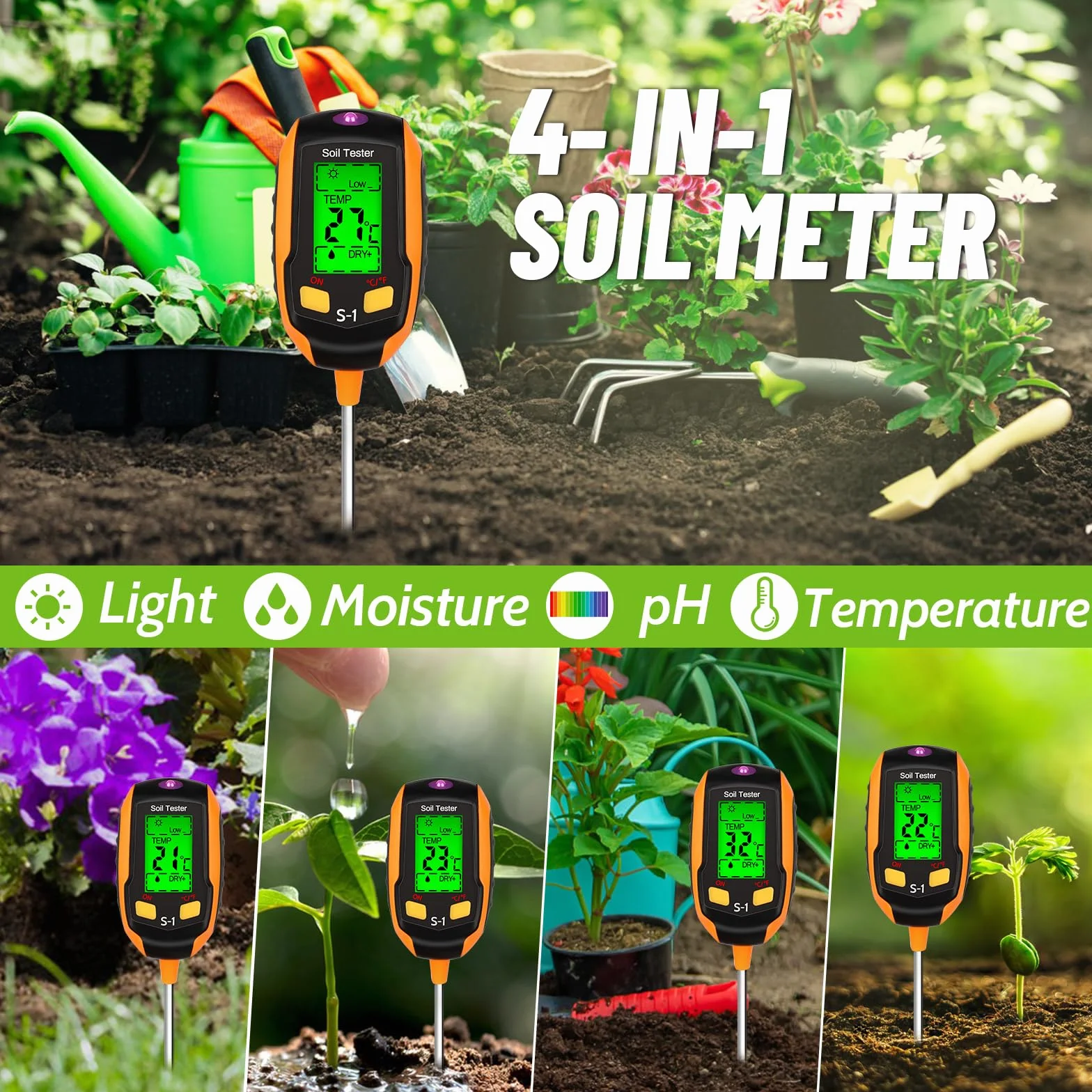 LWMTT Medidor de Suelo 4 en 1 pH Temperatura Humedad Luz Pantalla LCD Jardinería