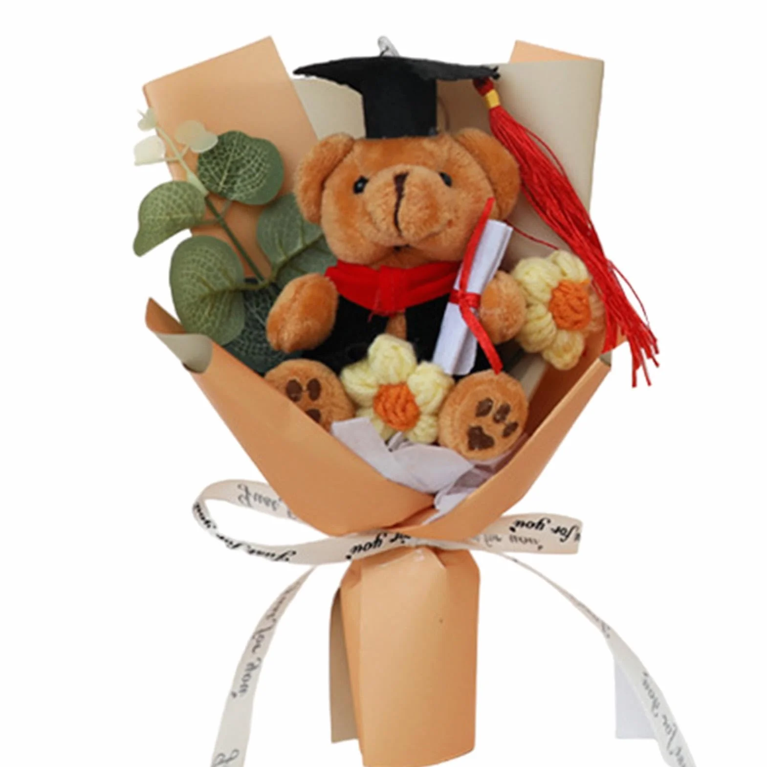 Ramo de Flores de Oso de Graduación, Flores de Ganchillo Hecho a Mano con Oso de Peluche