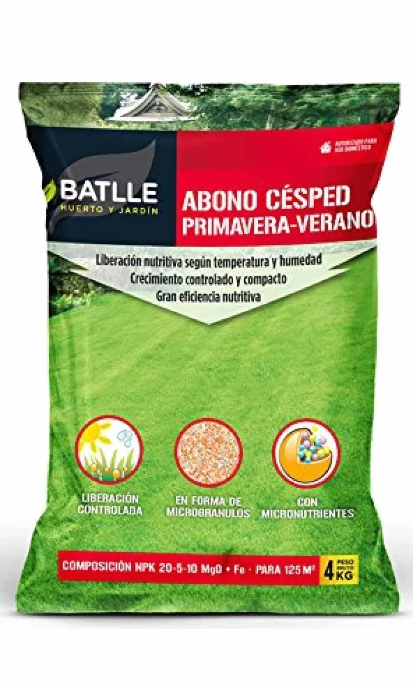 BATLLE Fertilizante Césped Primavera-Verano 4 kg Abono Microgranulado con Hierro