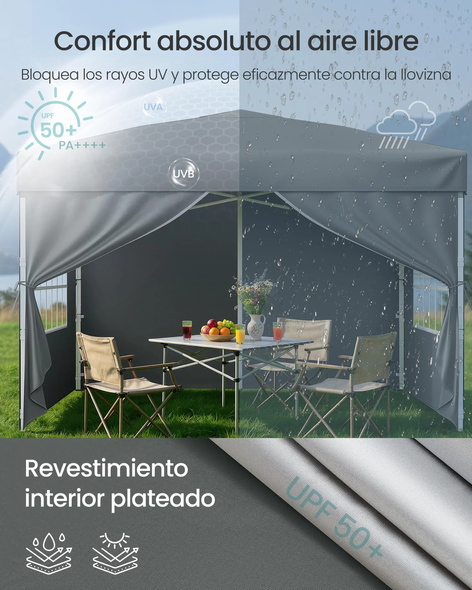 SONGMICS Cenador 3 x 3 m con Paneles Laterales, Carpa Plegable, Protección Solar, Resistente a Lluvia Ligera, Portátil, para Patio, Jardín, Mercadillo, Gris Oscuro GCT104GZ01